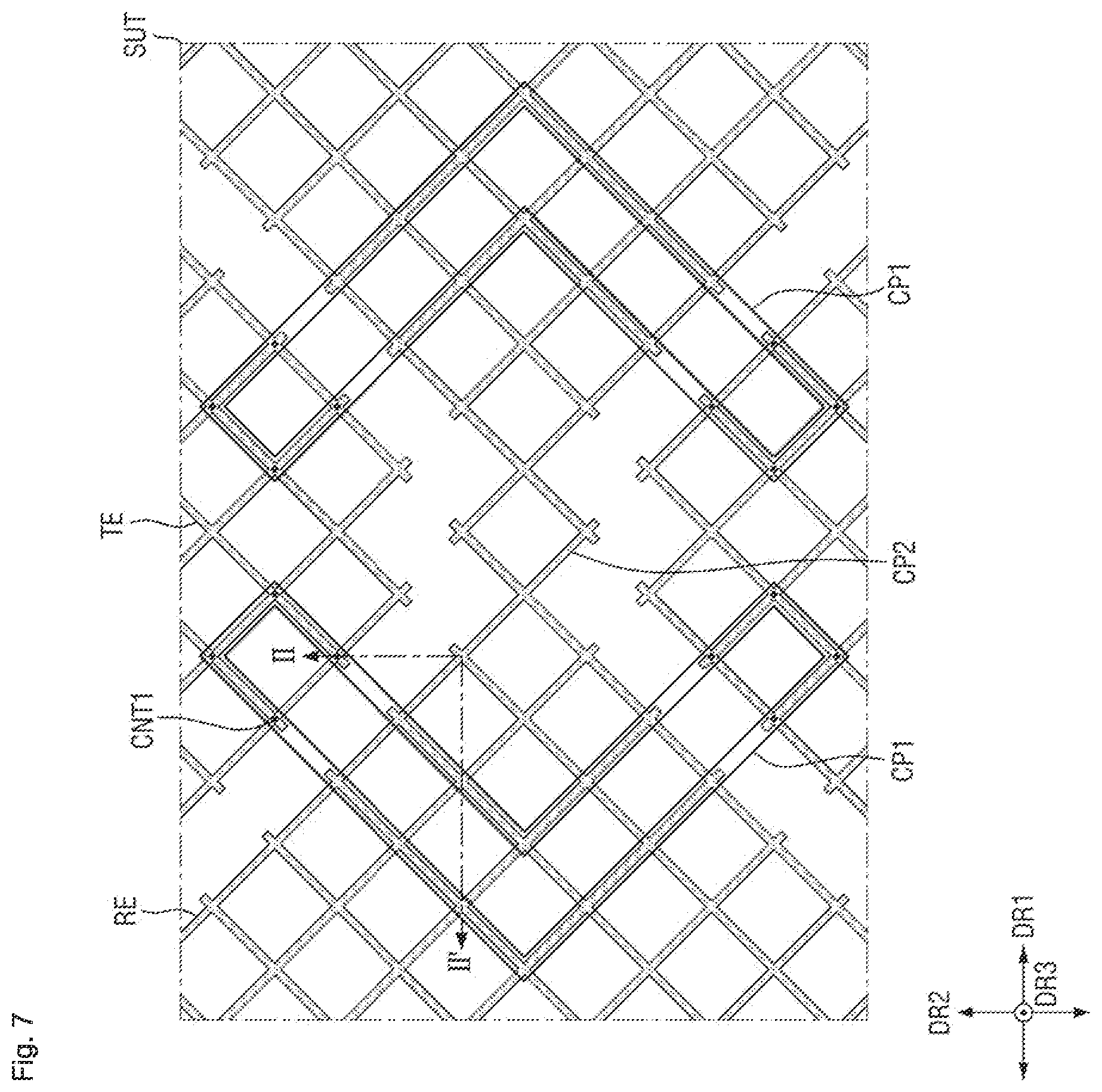 Patent US12588390 Figure 7 – Display device including alternating pixels and optical sensors