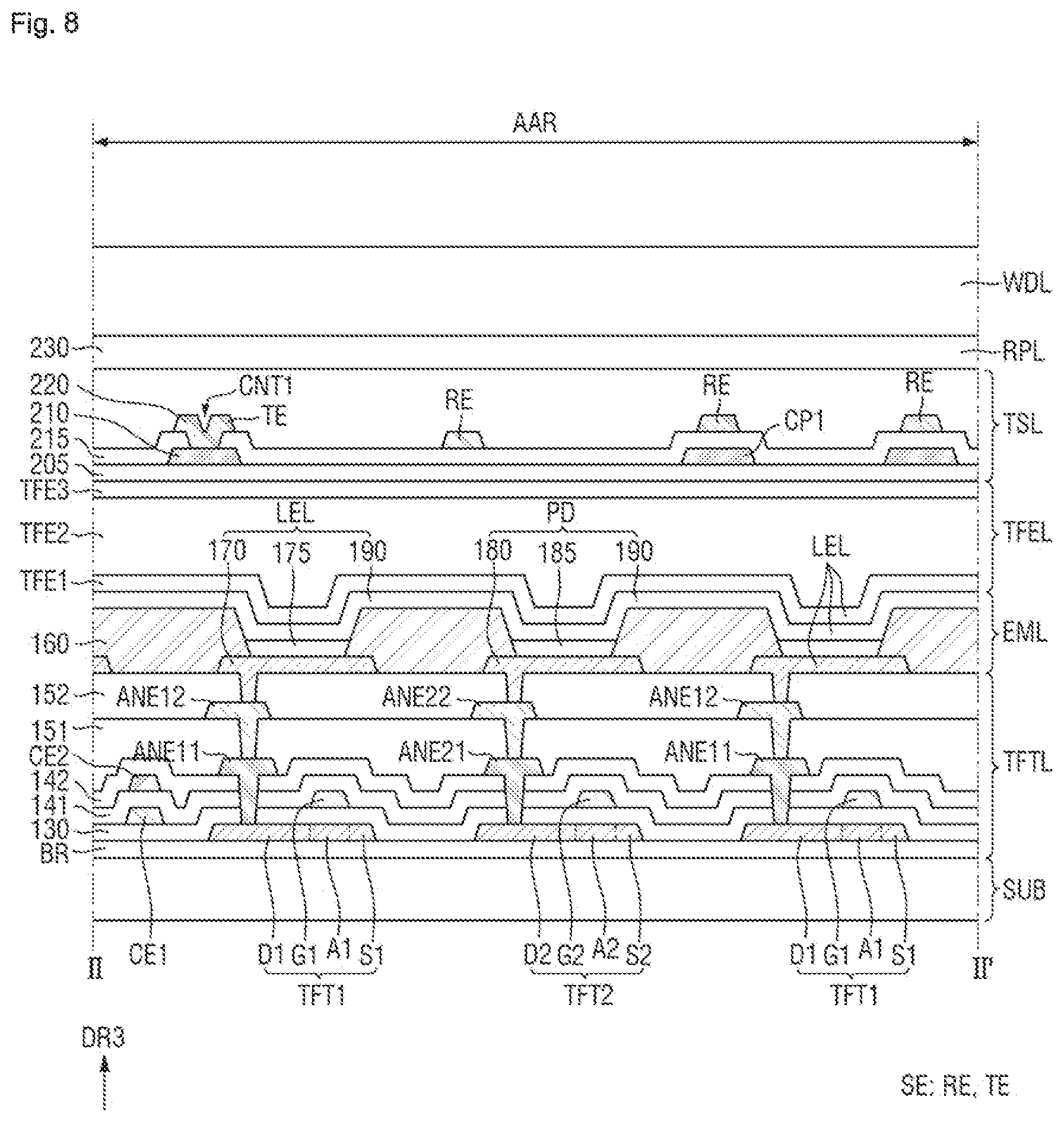 Patent US12588390 Figure 8 – Display device including alternating pixels and optical sensors