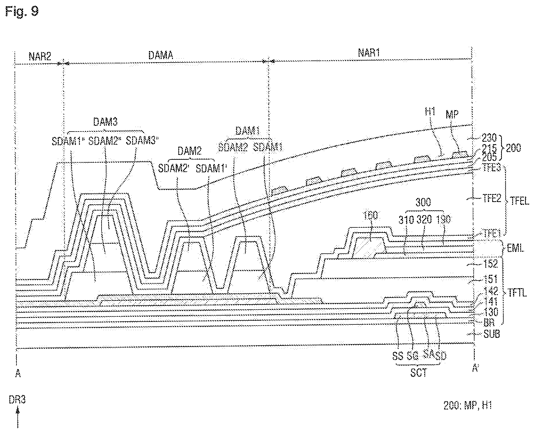Patent US12588390 Figure 9 – Display device including alternating pixels and optical sensors