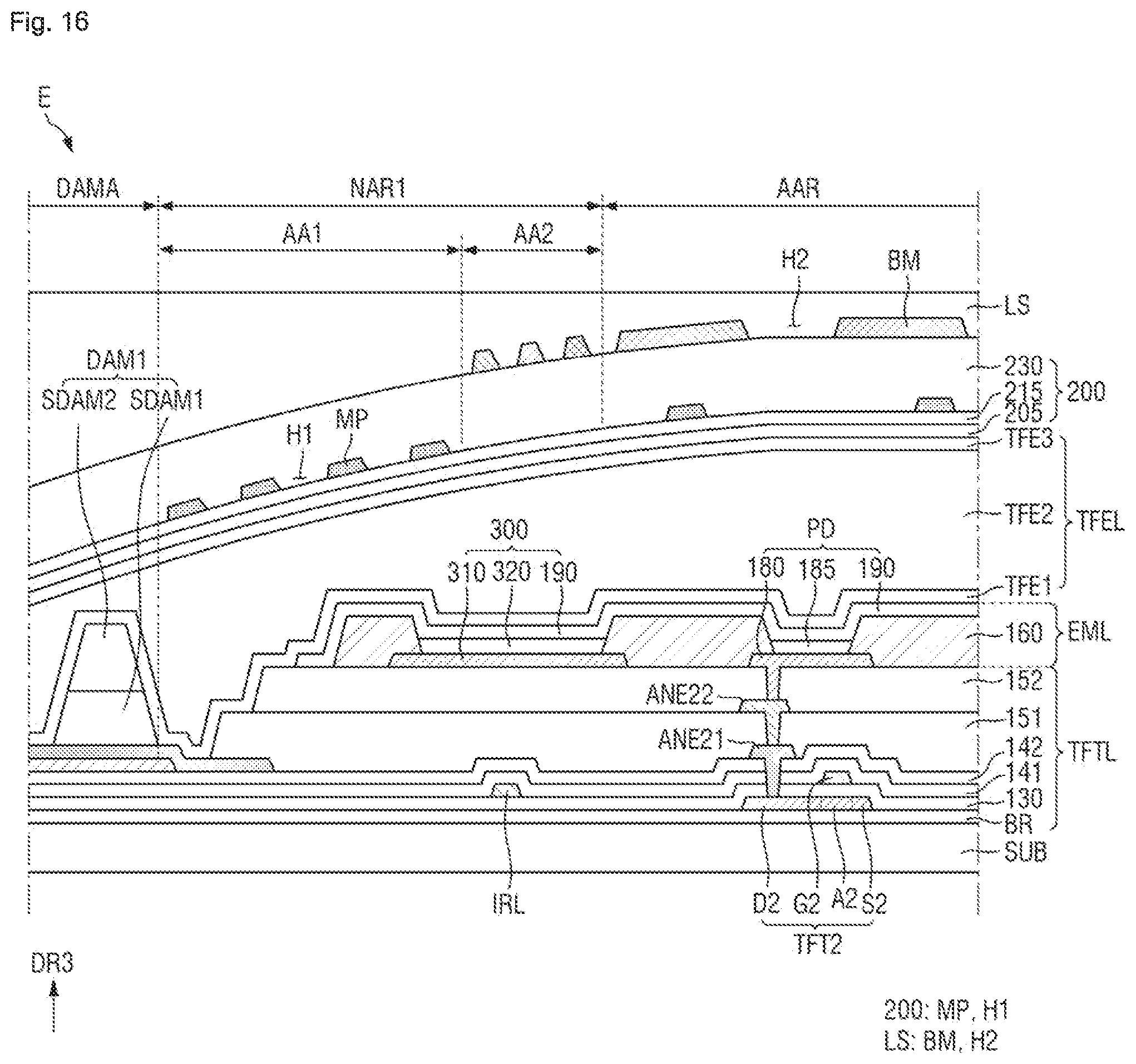 Patent US12588390 Figure 16 – Display device including alternating pixels and optical sensors