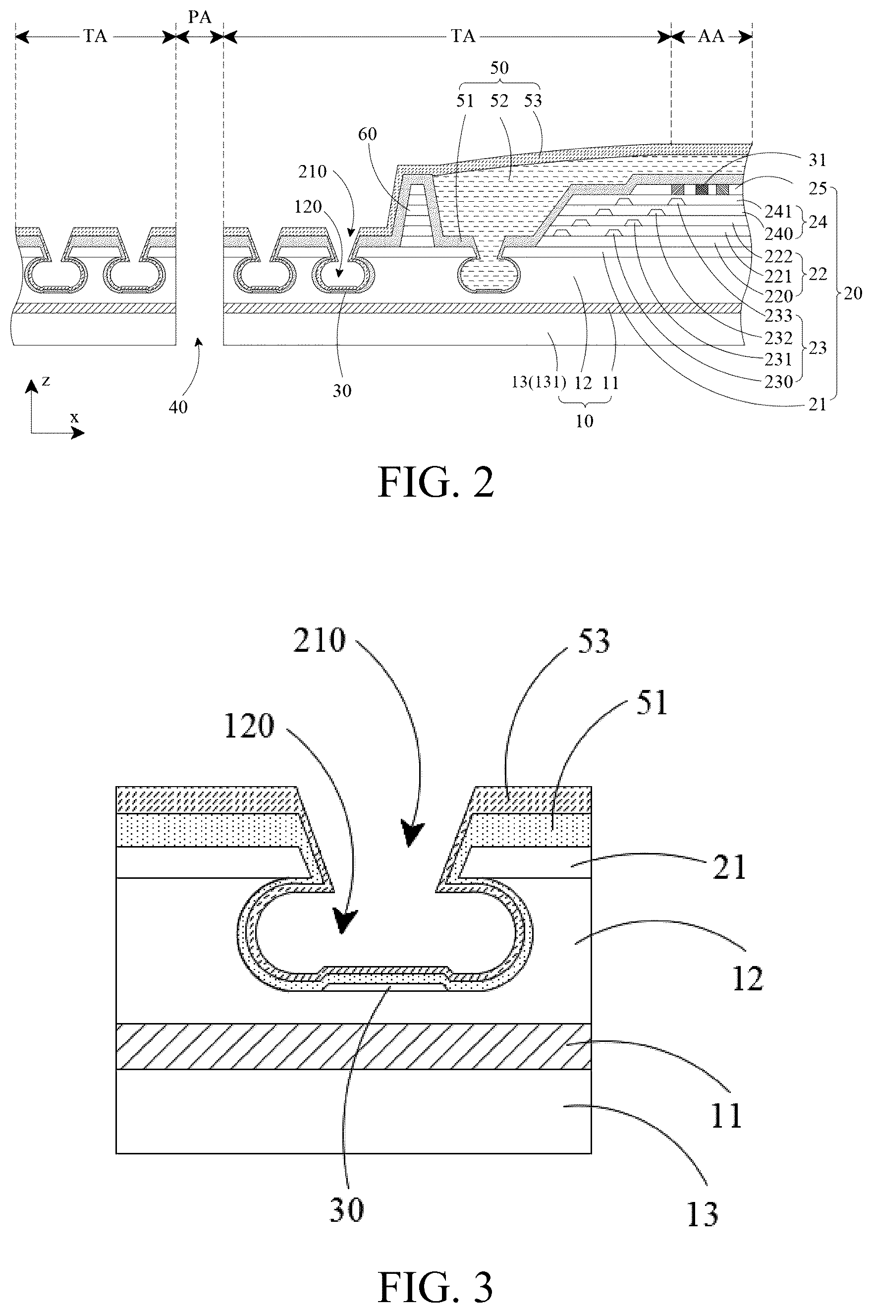 Patent US12588393 Figure 2 – Display panel and display device with openings in the transition areas