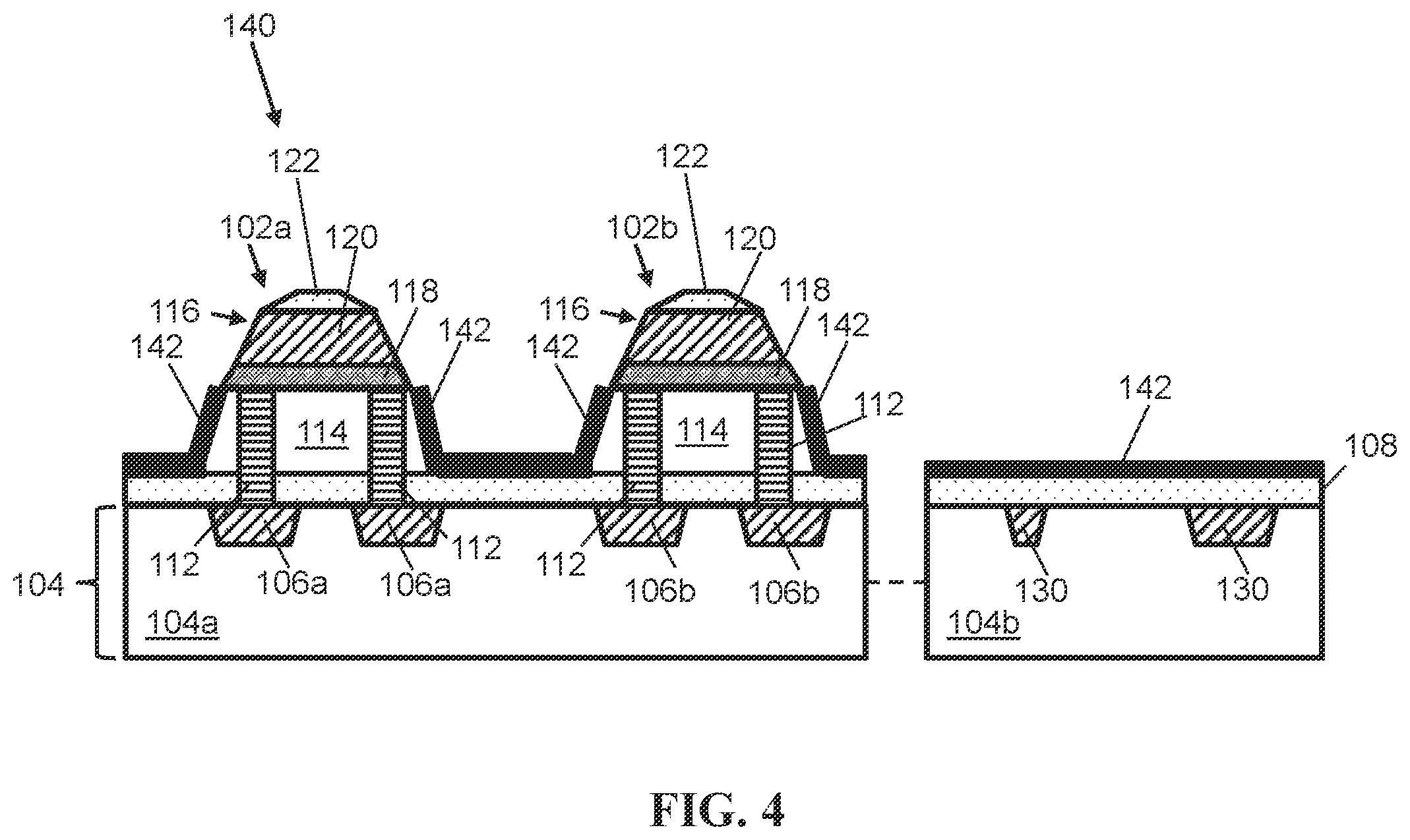 Patent US12588428 Figure 4 – Structure and method for memory element to confine metal with spacer