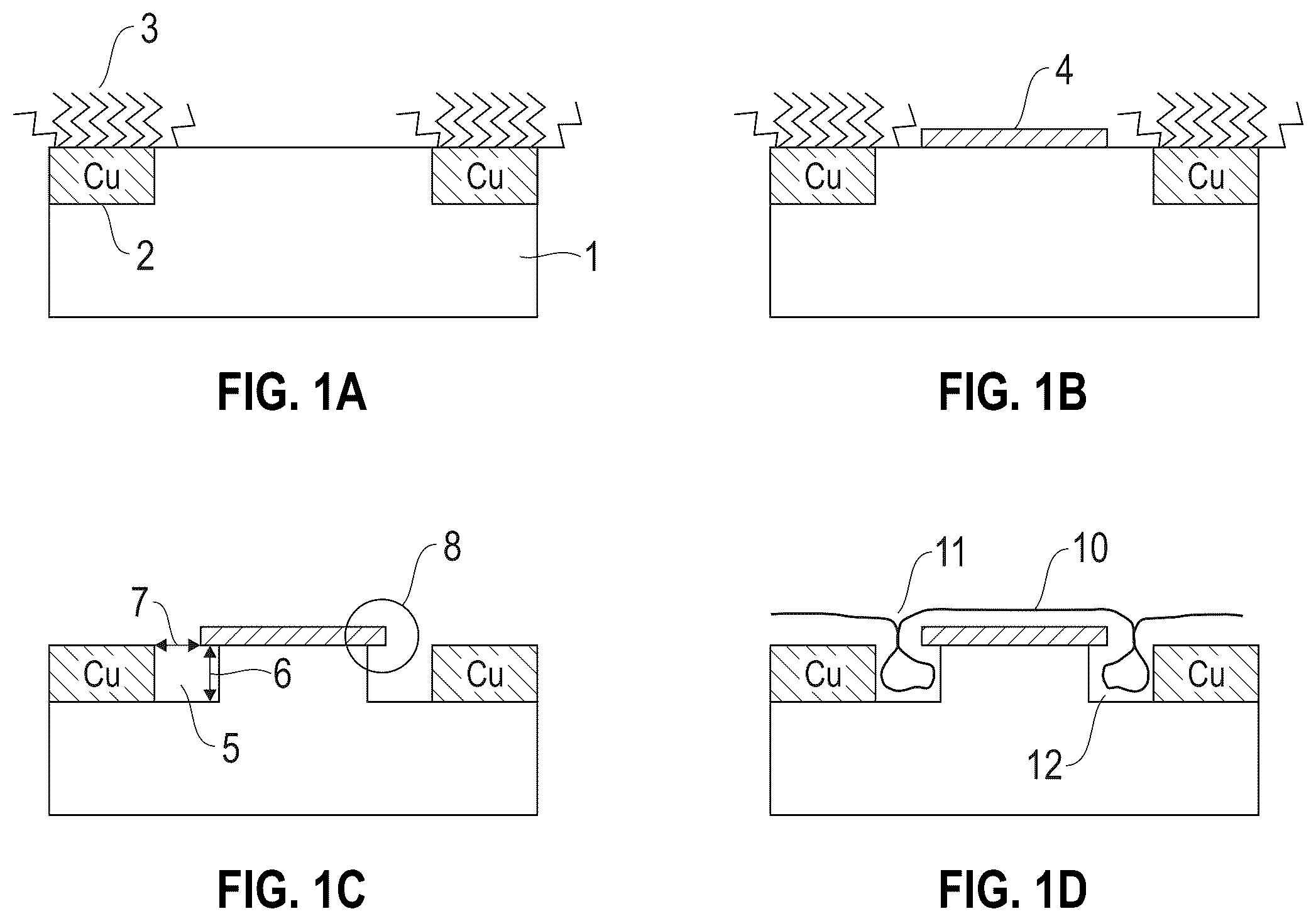 Patent US12588436 Figure 1 – Area selective deposition of hardmasks for vacuum gap formation