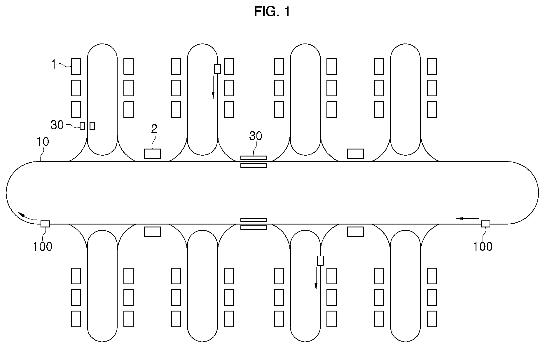 Patent US12588466 Figure 1 – Article storage equipment in semiconductor fabrication facility and logistics system including same