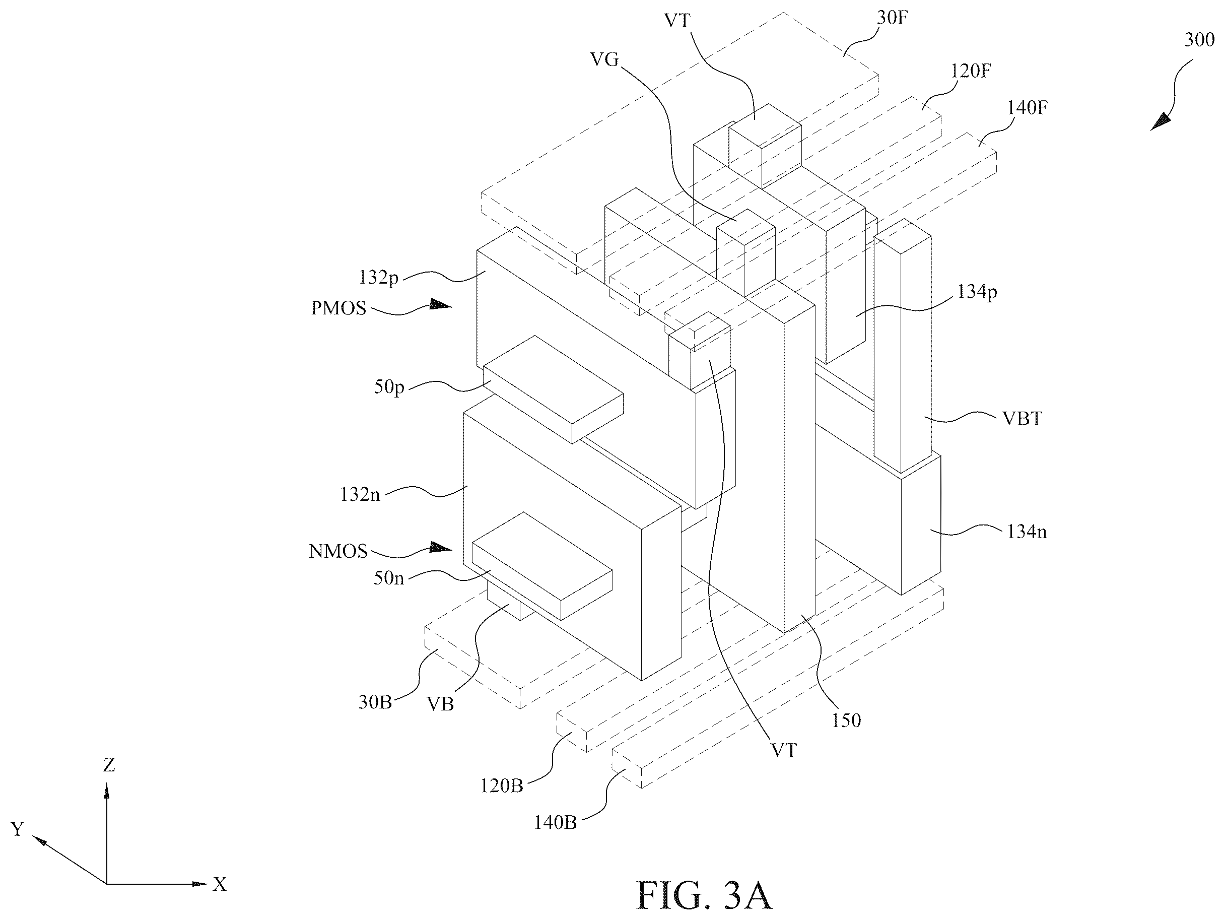 Patent US12588491 Figure 8 – Power rail and signal line arrangement in integrated circuits having stacked transistors