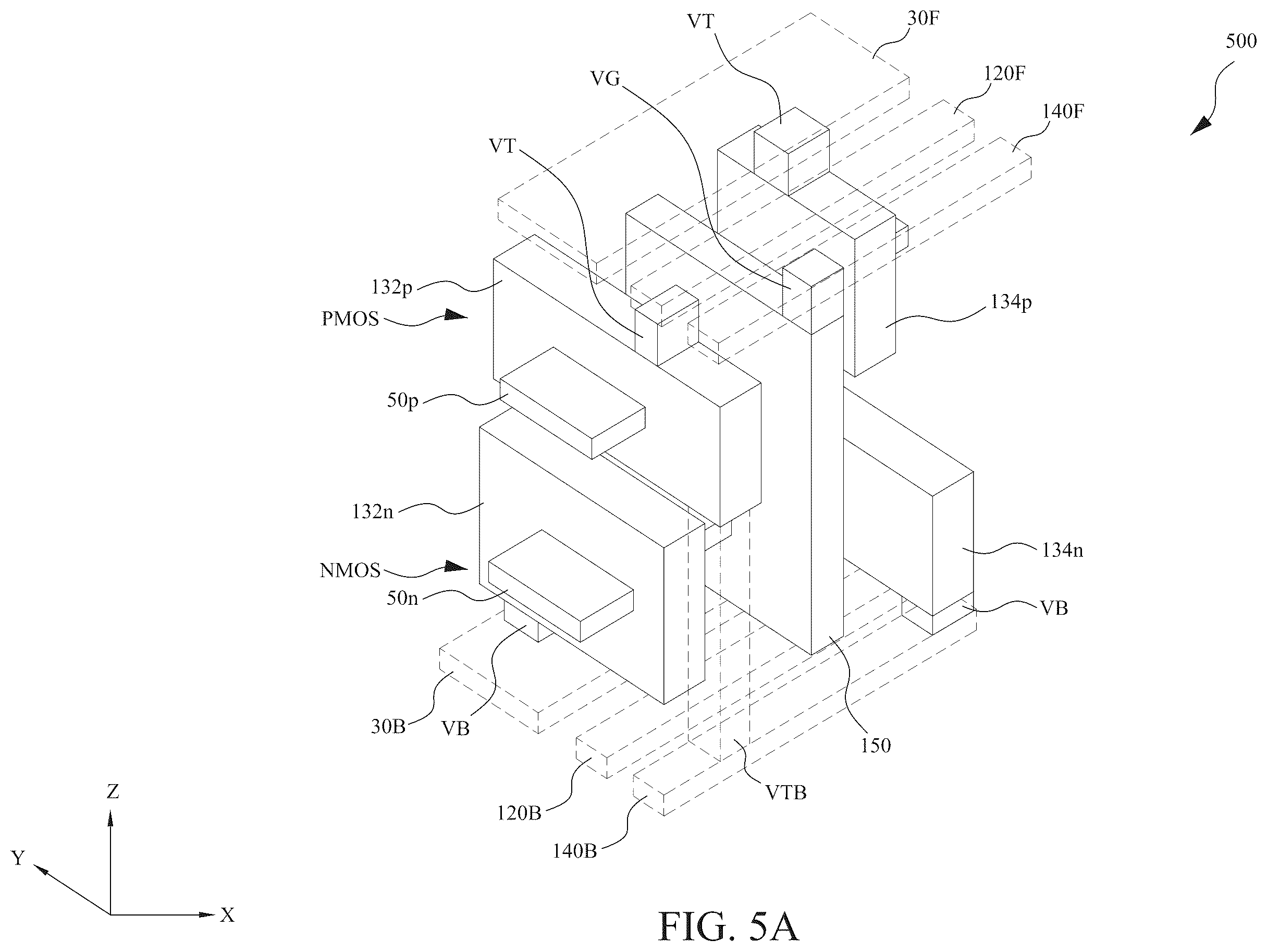 Patent US12588491 Figure 14 – Power rail and signal line arrangement in integrated circuits having stacked transistors