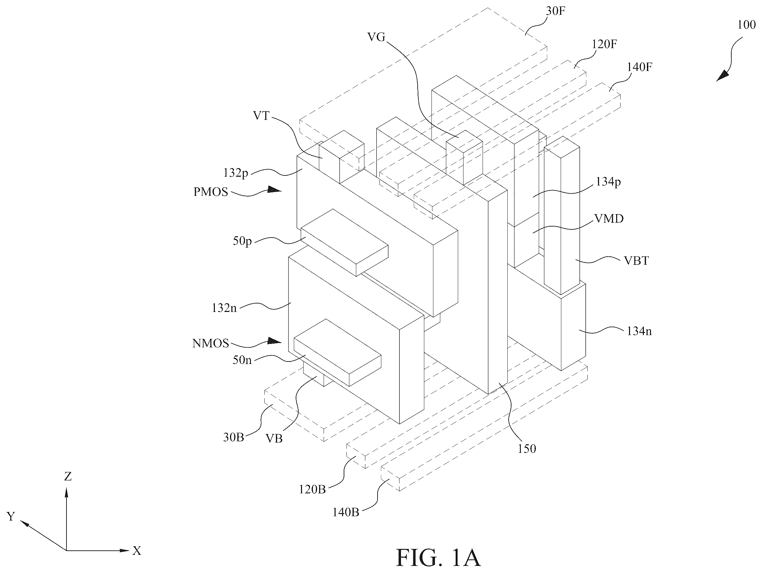 Patent US12588492 Figure 1 – Power rail and signal line arrangement in integrated circuits having stacked transistors