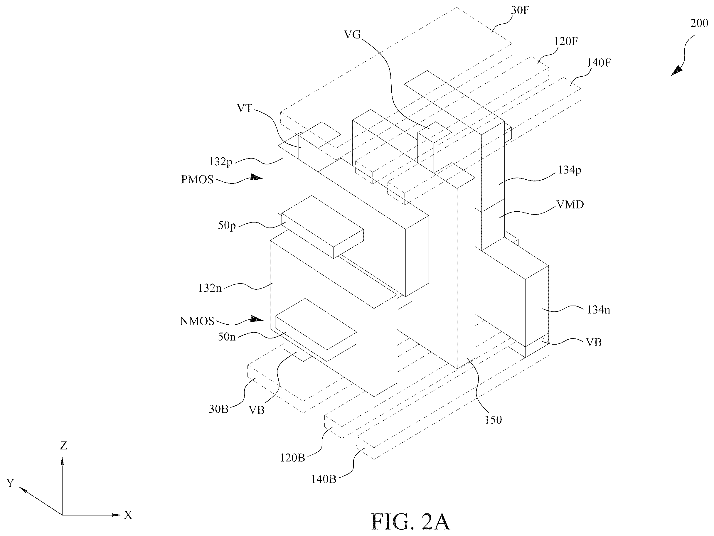 Patent US12588492 Figure 5 – Power rail and signal line arrangement in integrated circuits having stacked transistors