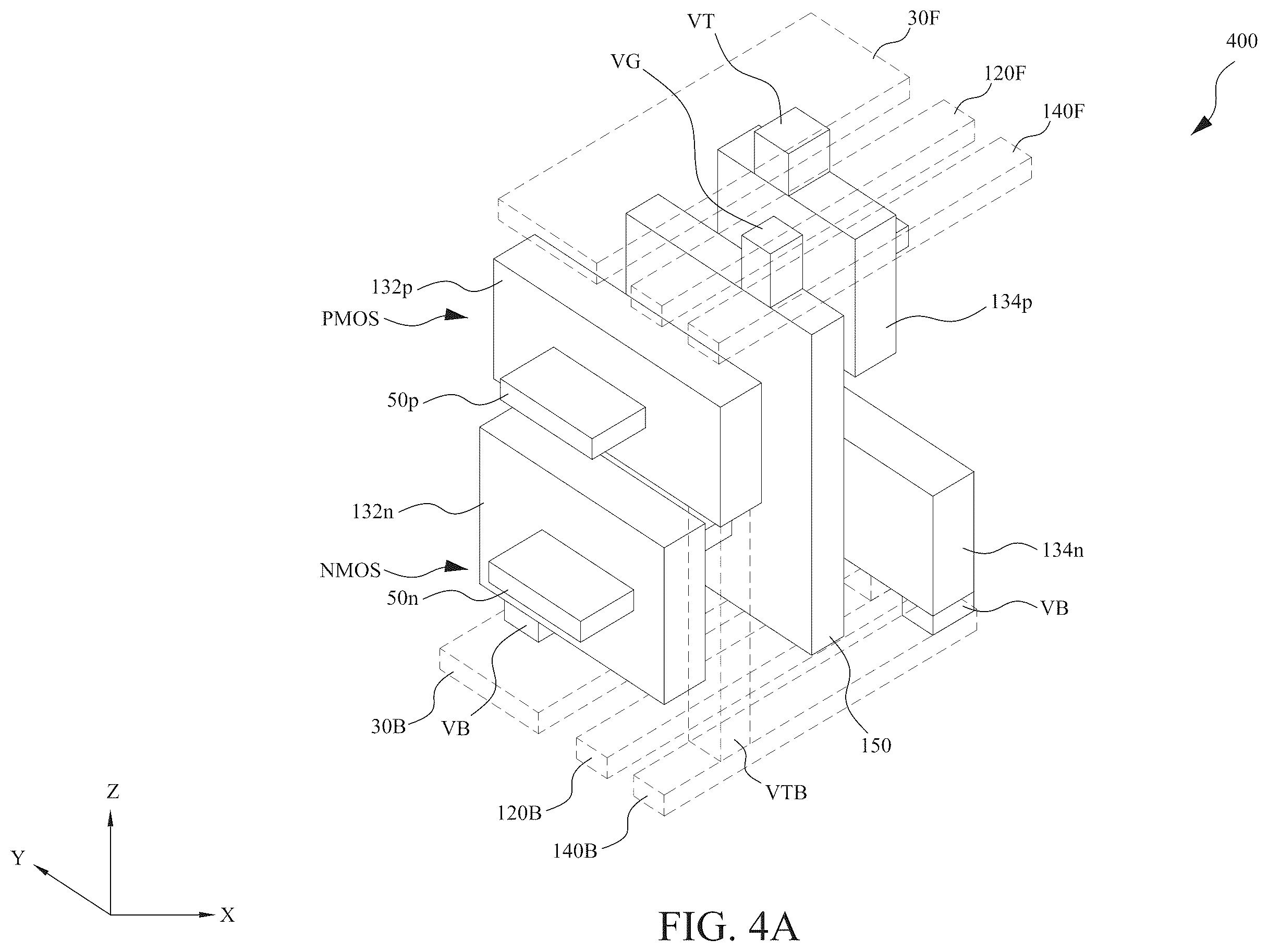 Patent US12588492 Figure 11 – Power rail and signal line arrangement in integrated circuits having stacked transistors