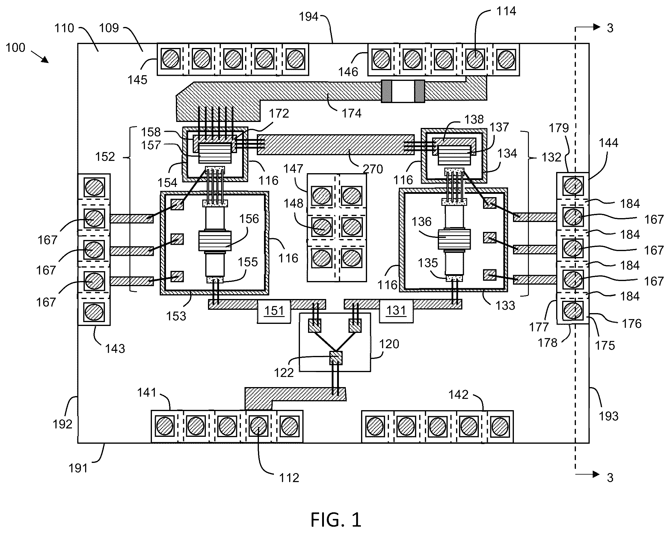 Patent US12588509 Figure 1 – Terminal interposers with mold flow channels, circuit modules including such terminal interposers, and associated methods