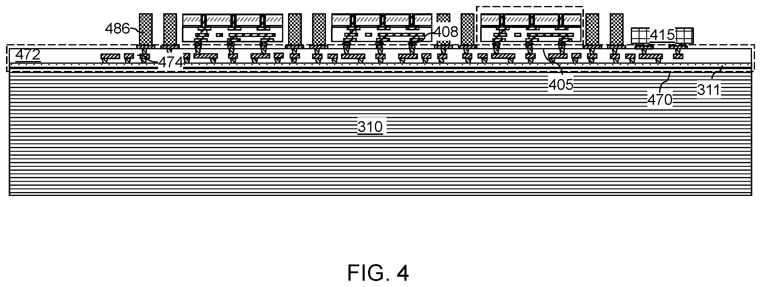 Patent US12588525 Figure 4 – Packaging substrate including an underfill injection opening and methods of forming the same