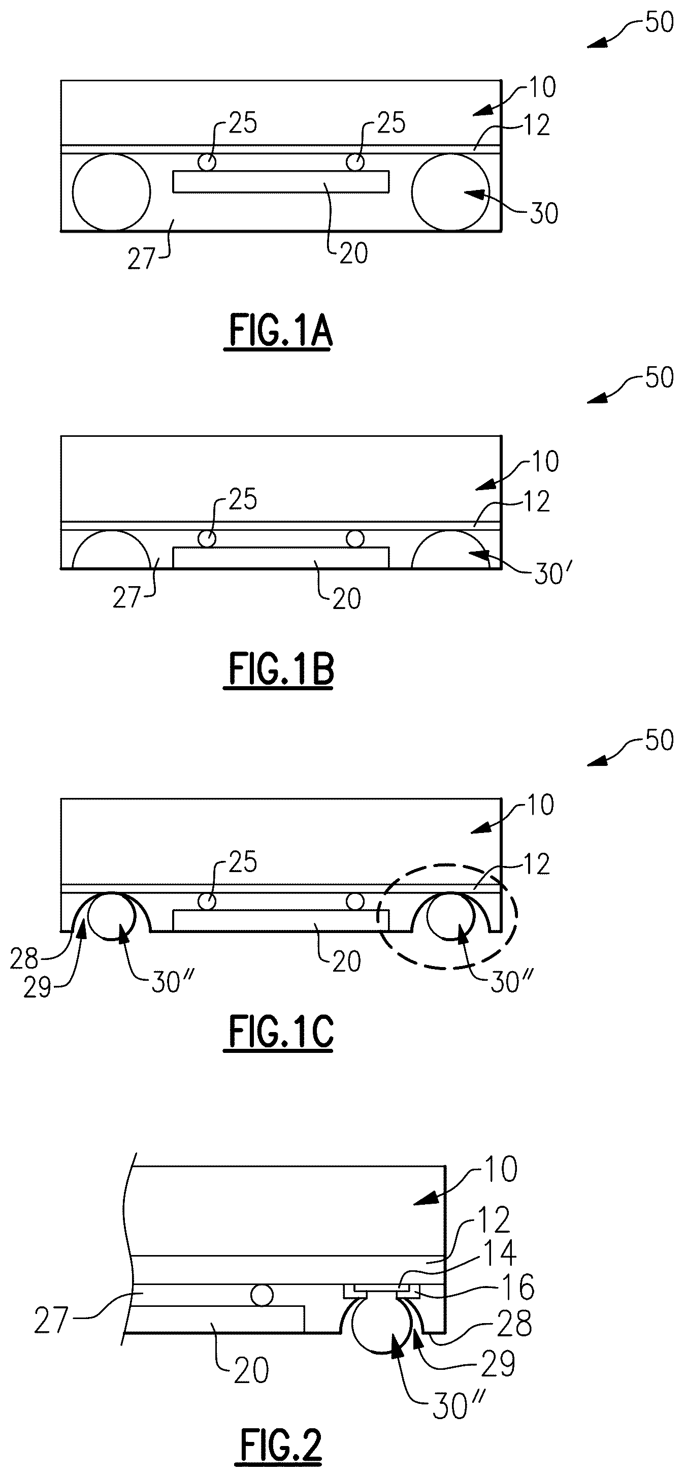 Patent US12588555 Figure 1 – Dual sided molded package with varying interconnect pad sizes and varying exposed solderable area
