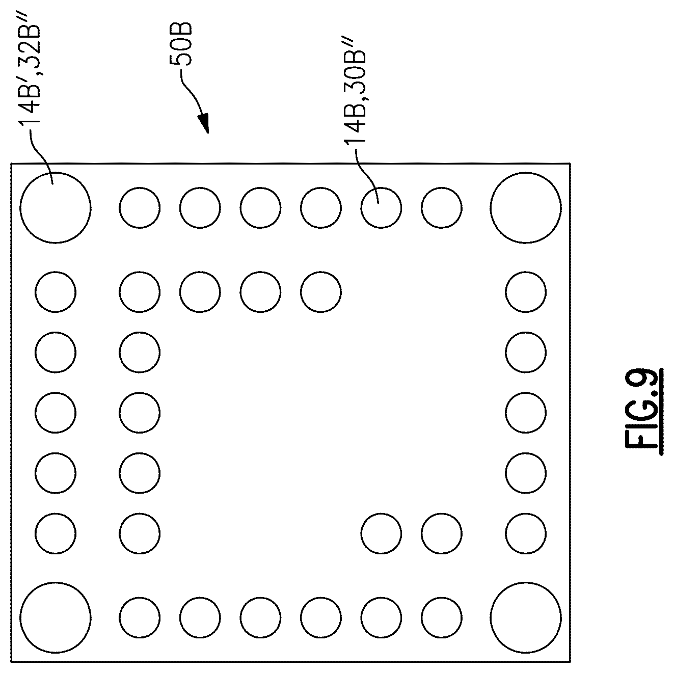 Patent US12588555 Figure 8 – Dual sided molded package with varying interconnect pad sizes and varying exposed solderable area