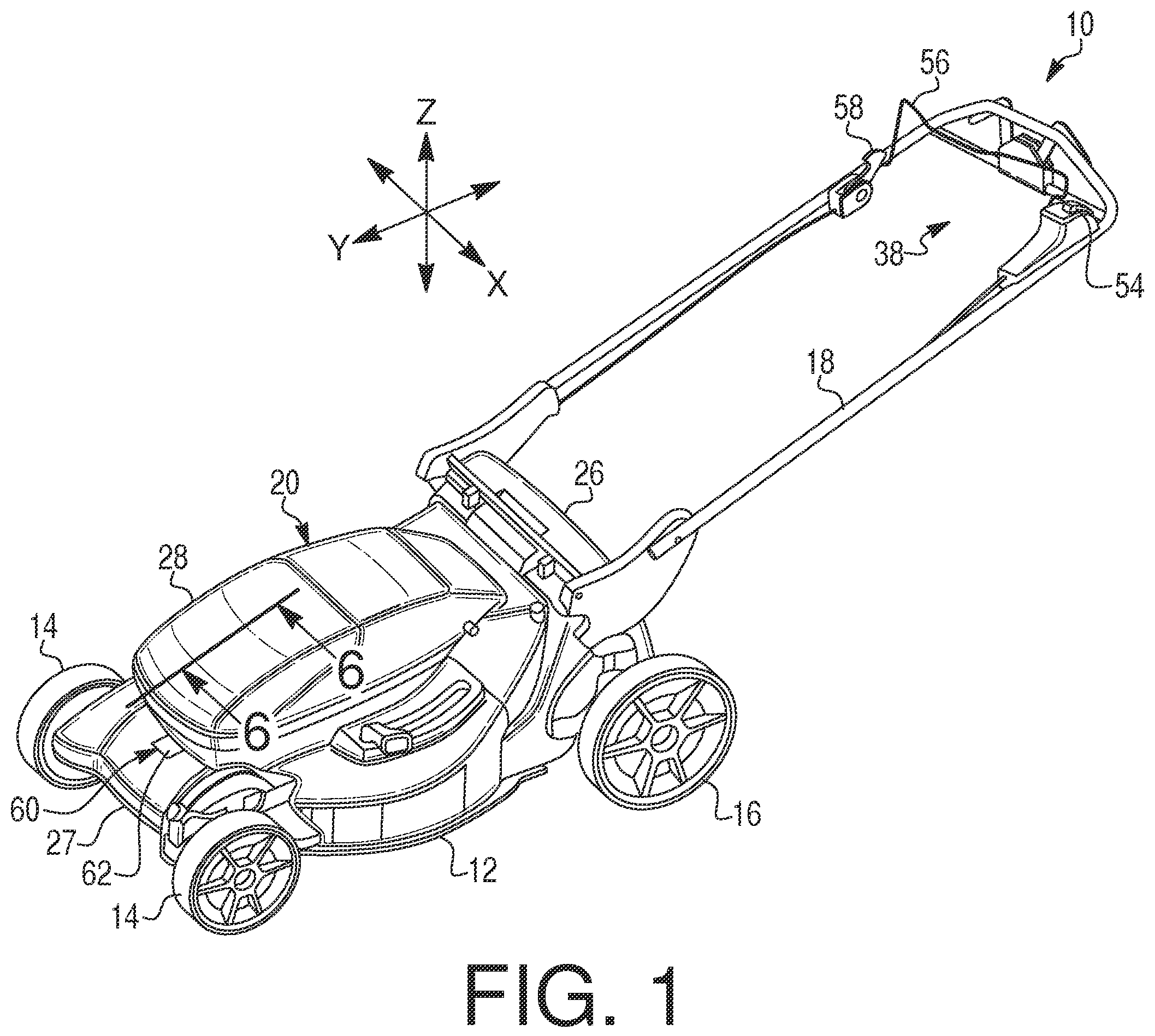Patent US12588586 Figure 1 – Battery latching mechanism for power equipment, and lawnmower