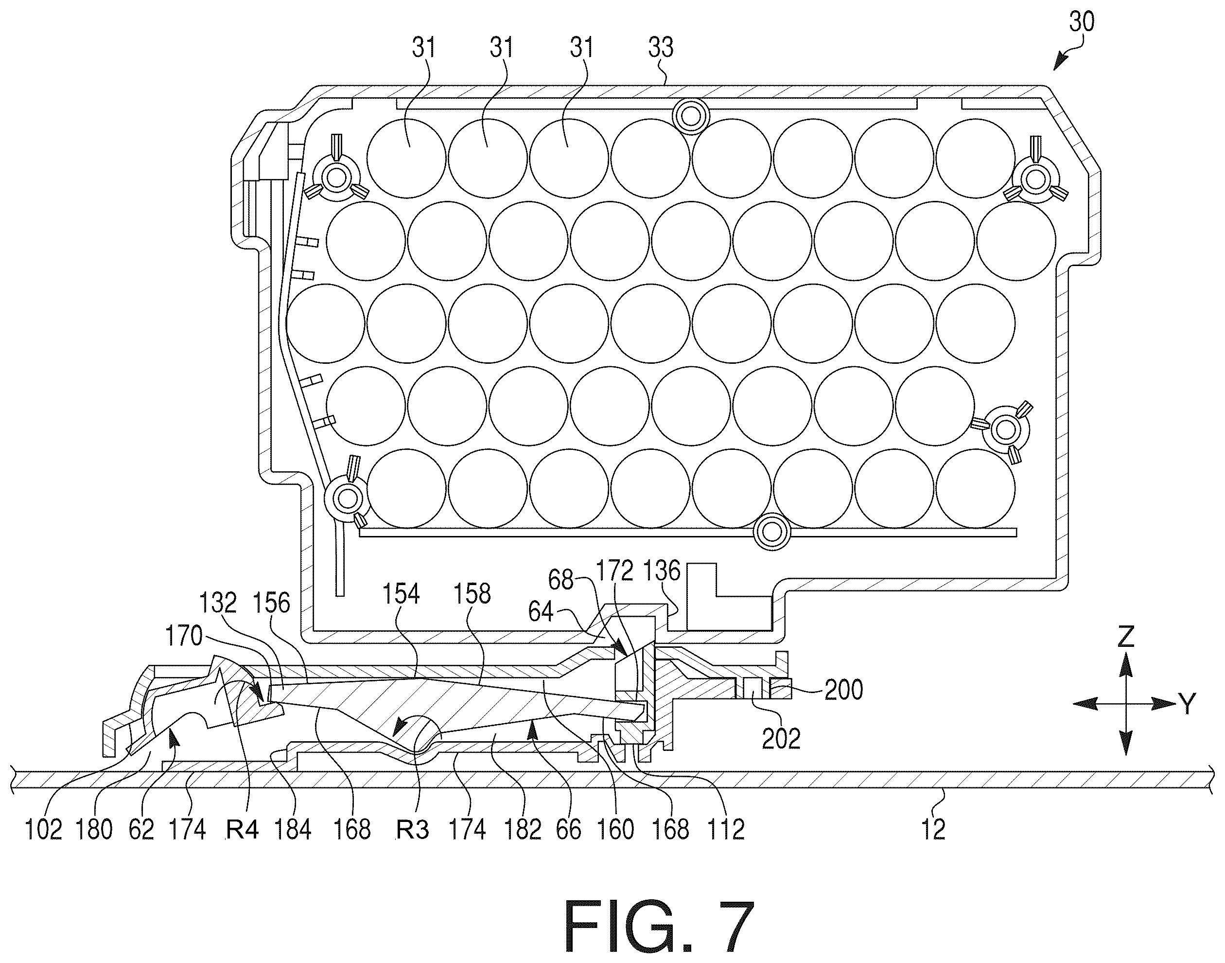 Patent US12588586 Figure 7 – Battery latching mechanism for power equipment, and lawnmower