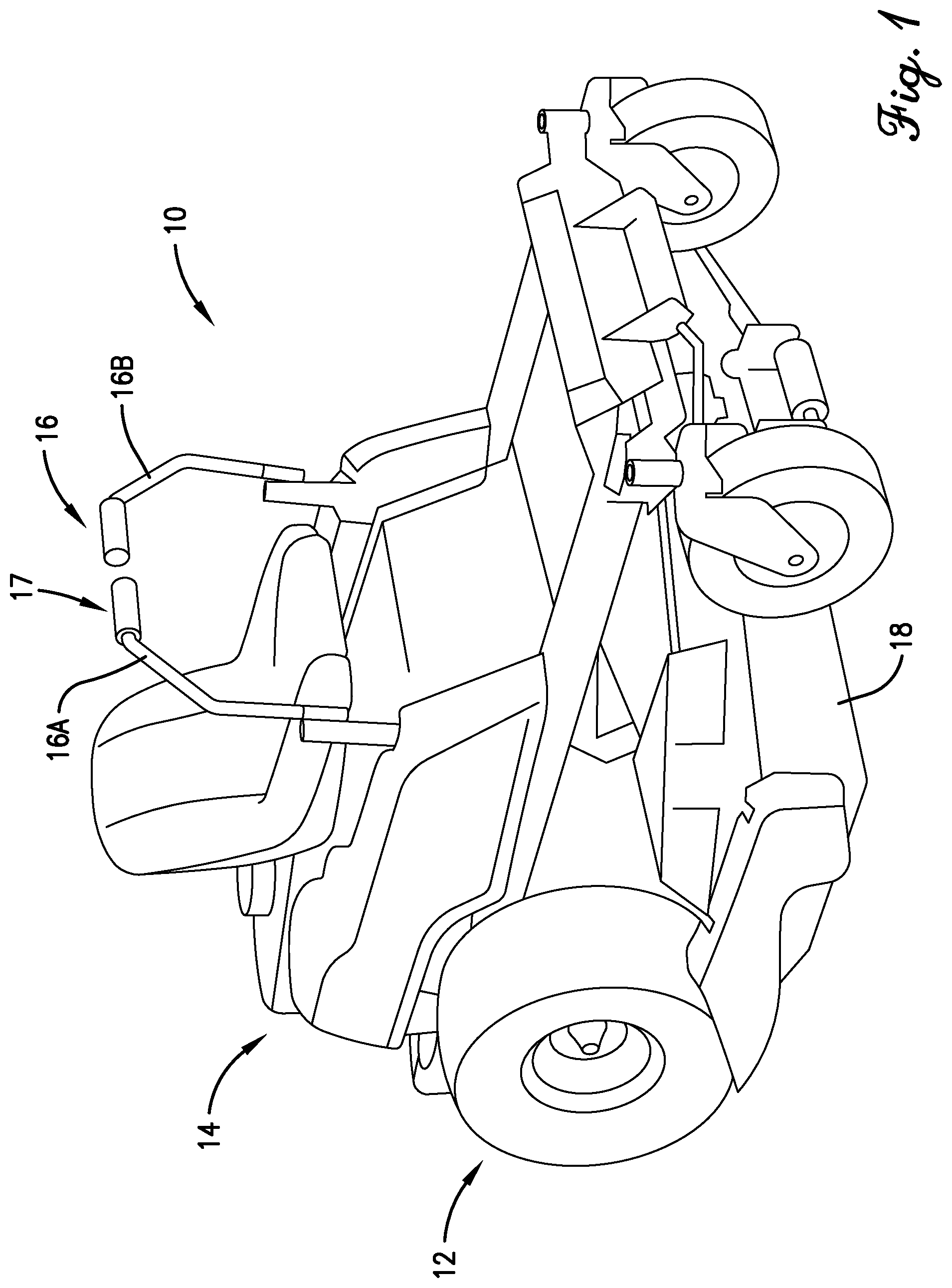 Patent US12588587 Figure 1 – Rotatable ring control mechanism and method for control arm of wheeled lawn care machine