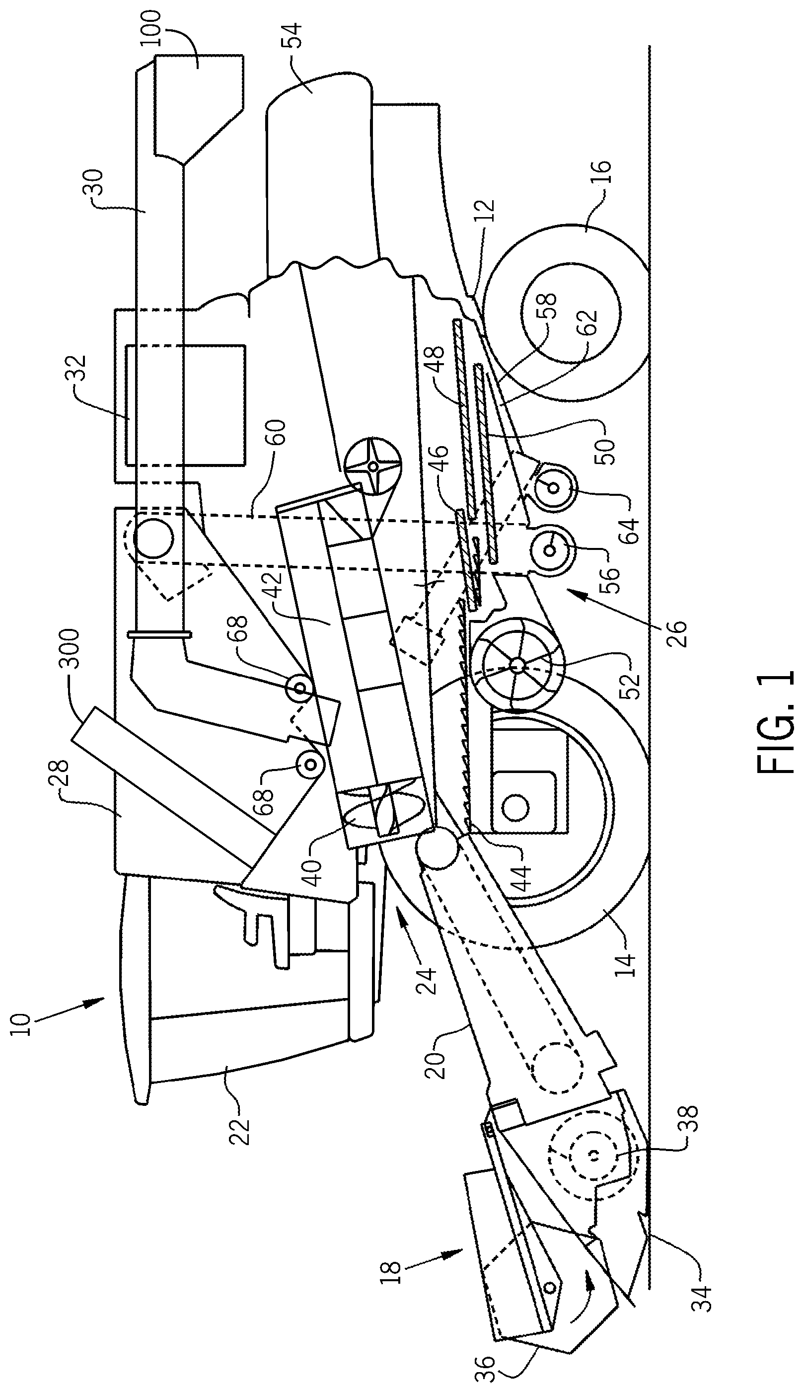 Patent US12588598 Figure 1 – Lift system for bubble up auger of combine harvester