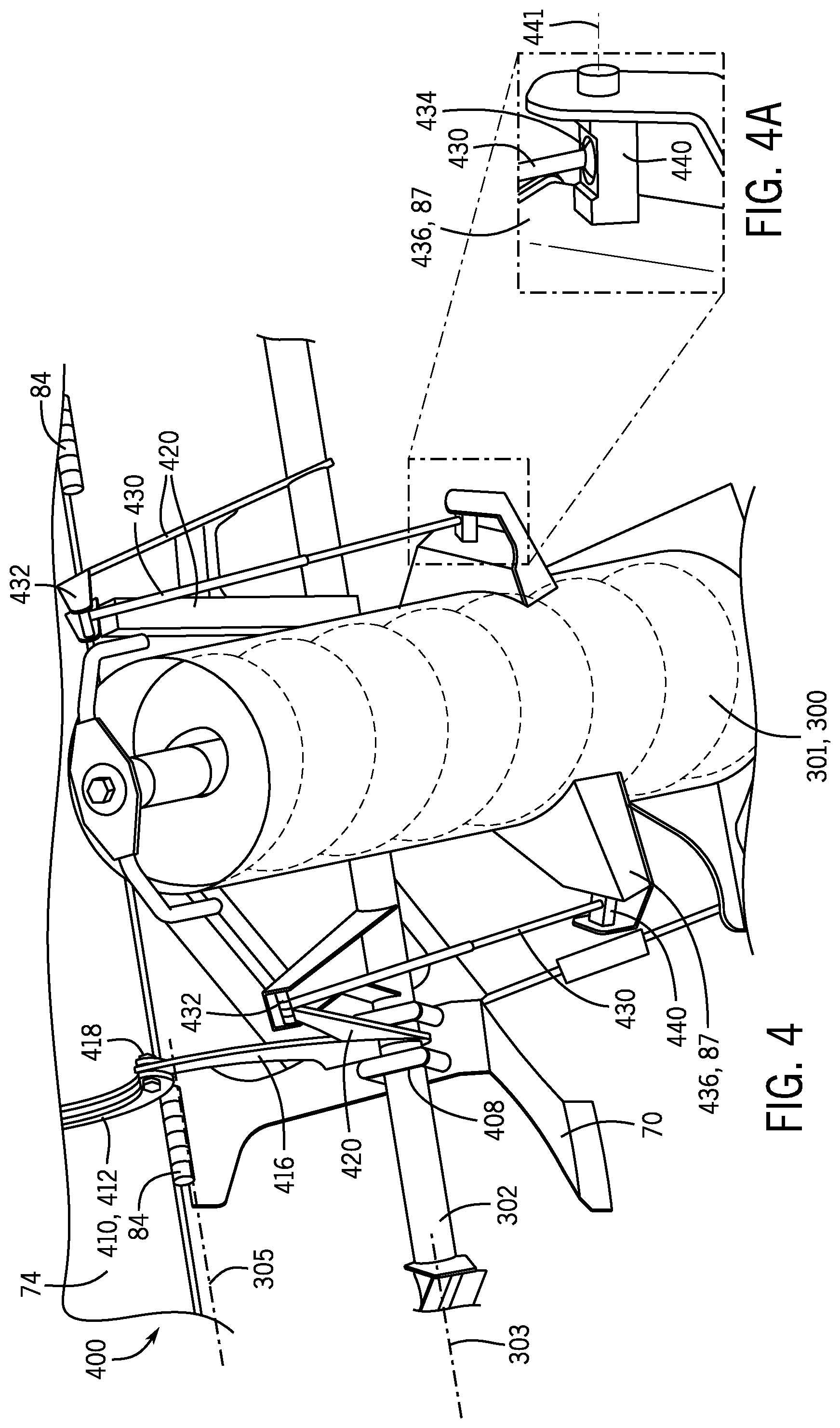 Patent US12588598 Figure 4 – Lift system for bubble up auger of combine harvester