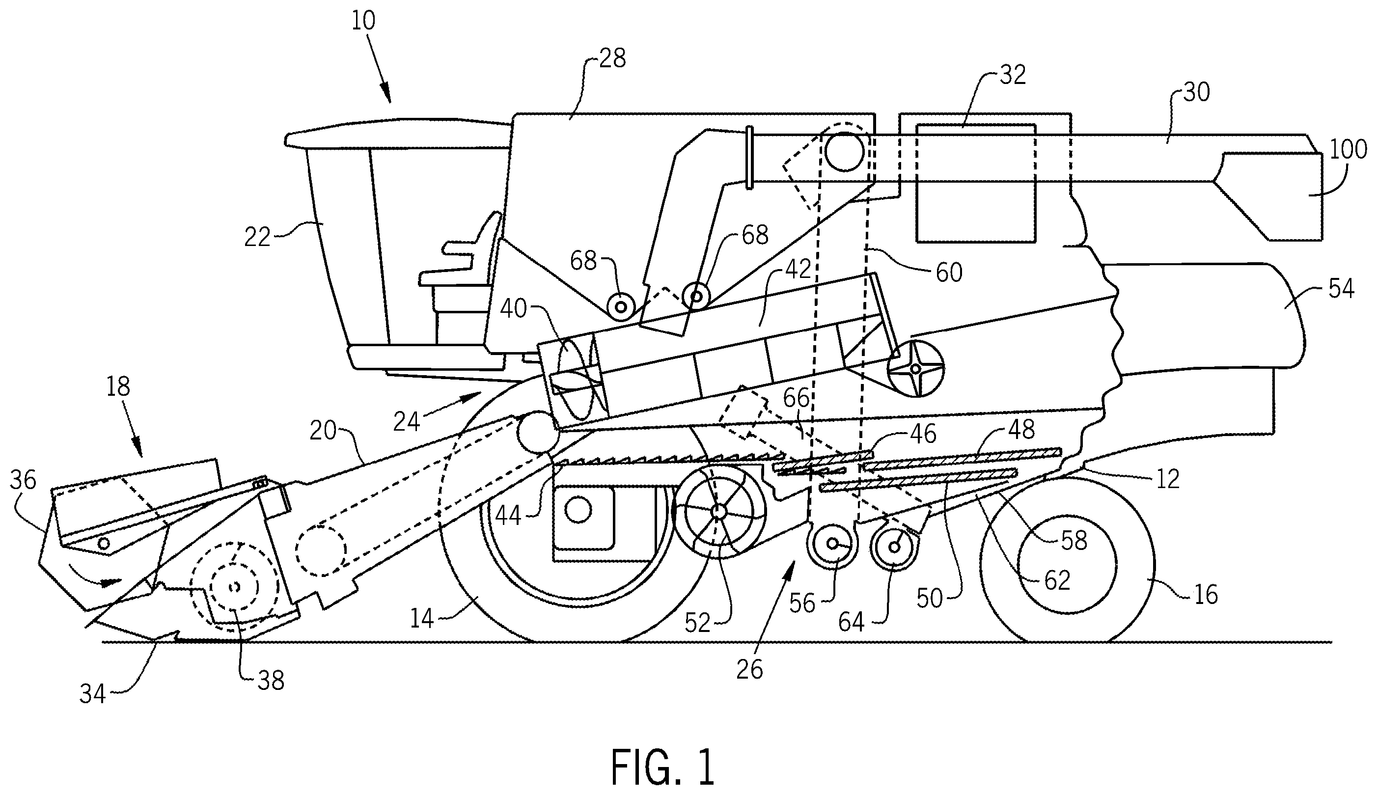 Patent US12588602 Figure 1 – Unload tube lock for agricultural vehicle