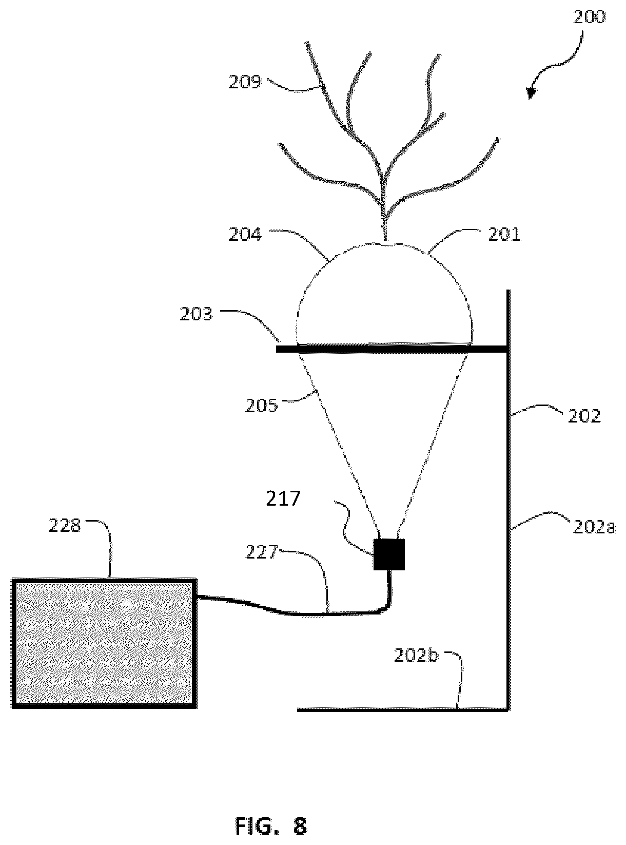 Patent US12588610 Figure 8 – Growing container for free-rooted plants and system and method using same