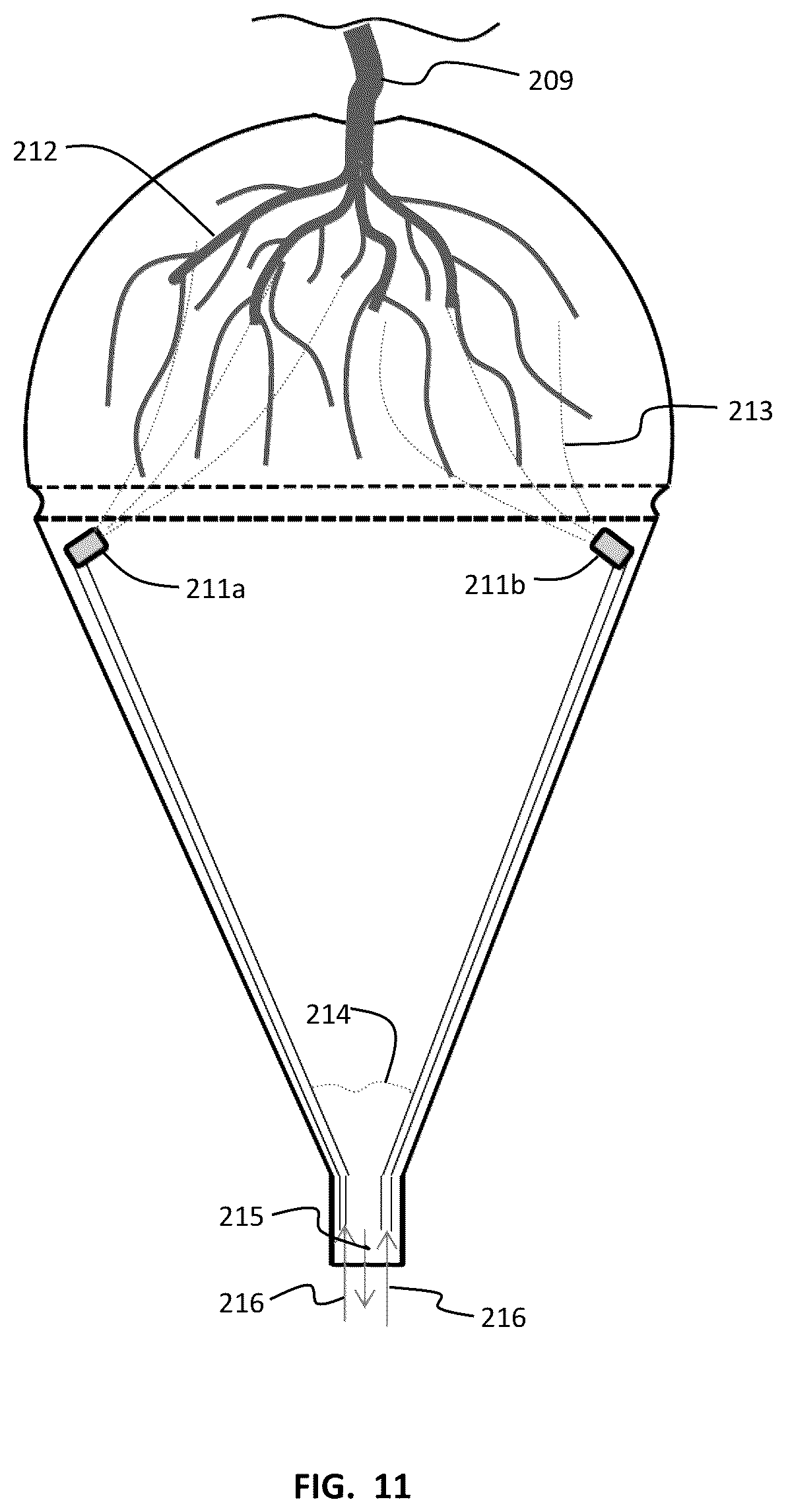 Patent US12588610 Figure 11 – Growing container for free-rooted plants and system and method using same