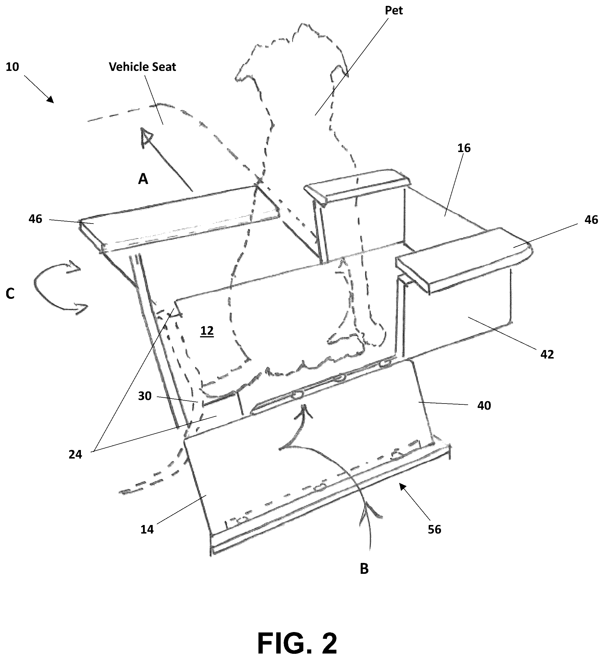 Patent US12588651 Figure 2 – Pet container to overlay a vehicle seat