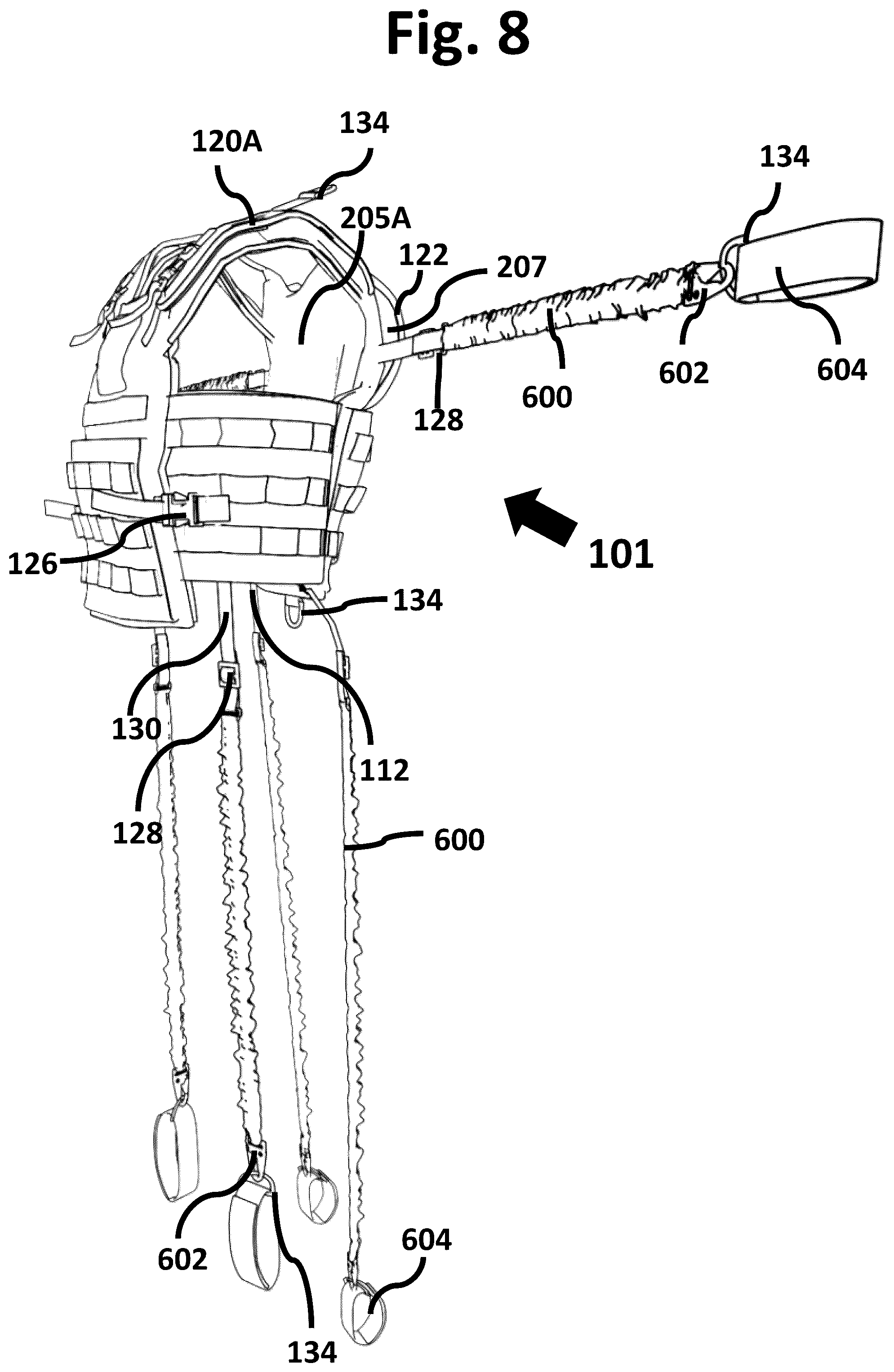Patent US12588715 Figure 8 – Multi-functional vest with integrated weight and hydration features