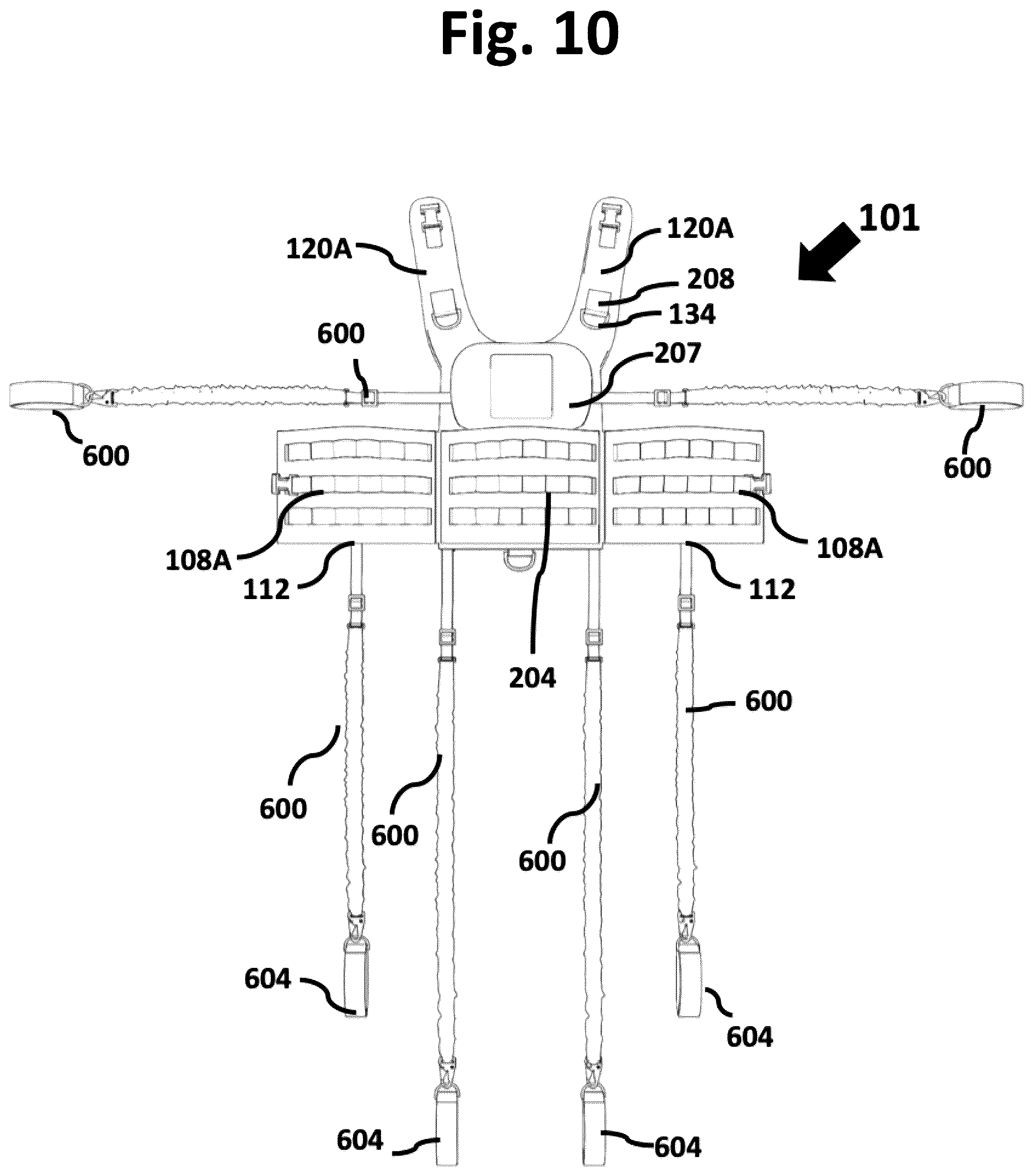 Patent US12588715 Figure 10 – Multi-functional vest with integrated weight and hydration features