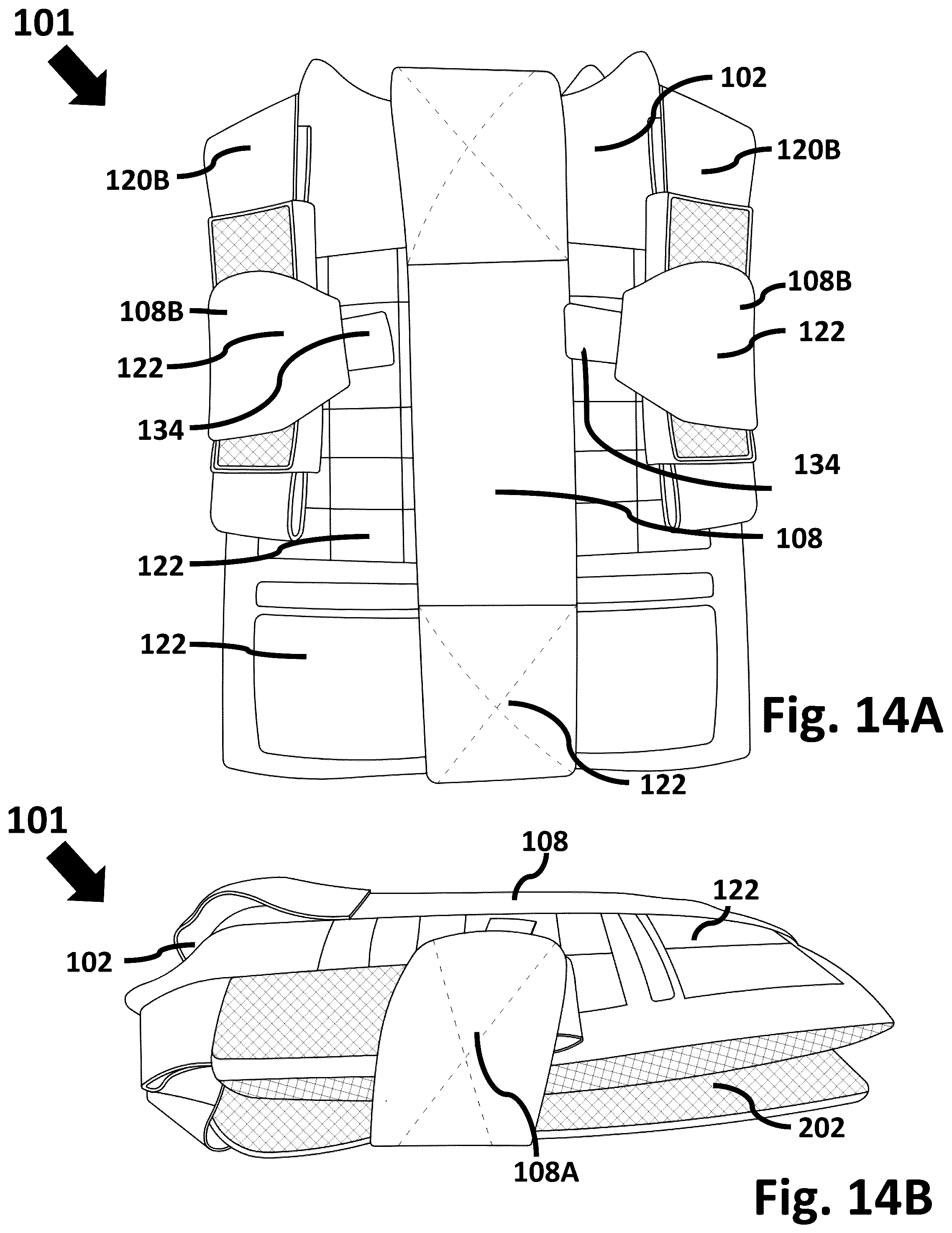 Patent US12588715 Figure 14 – Multi-functional vest with integrated weight and hydration features