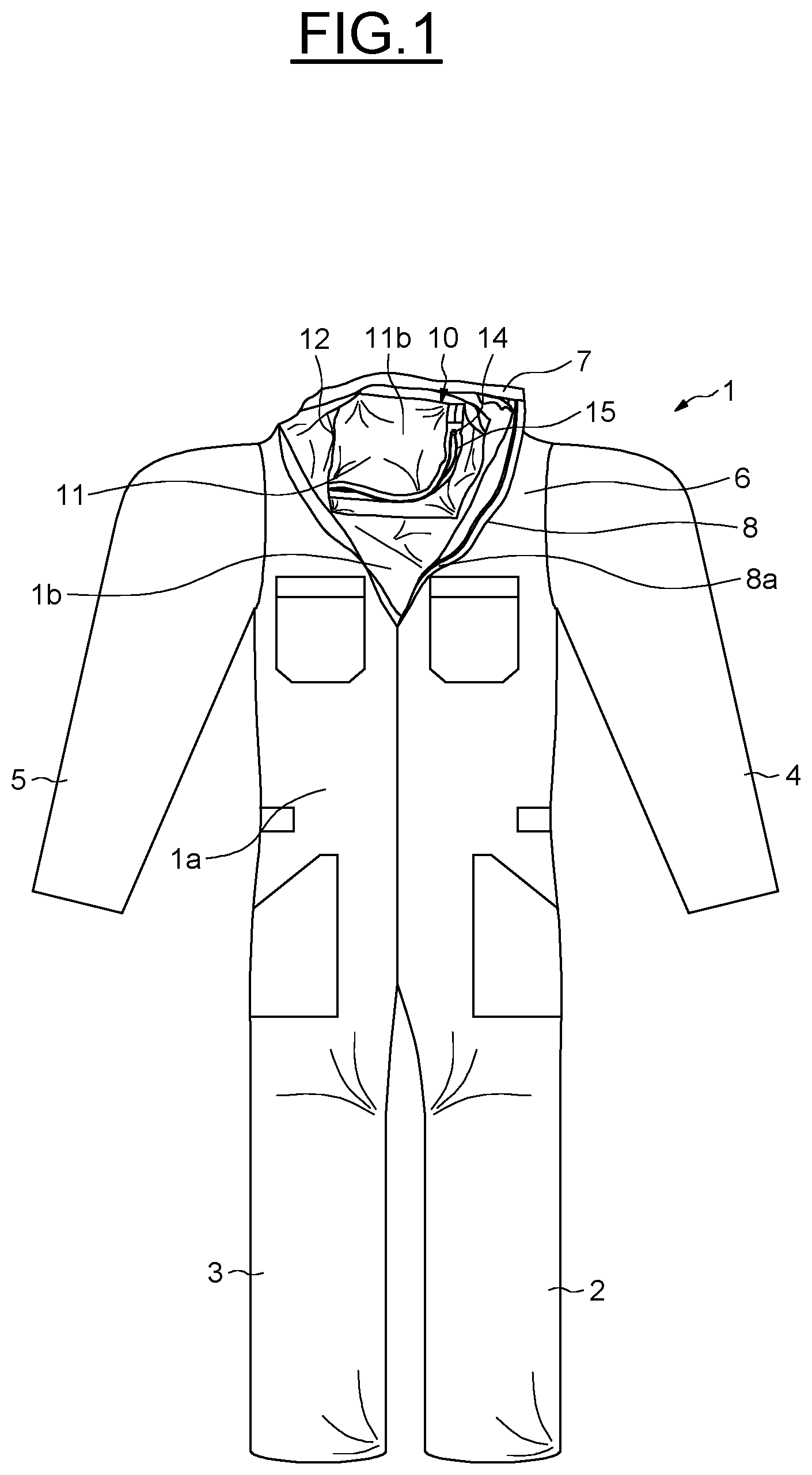 Patent US12588717 Figure 1 – Clothing for clean room having an integrated pouch, and associated packaging method