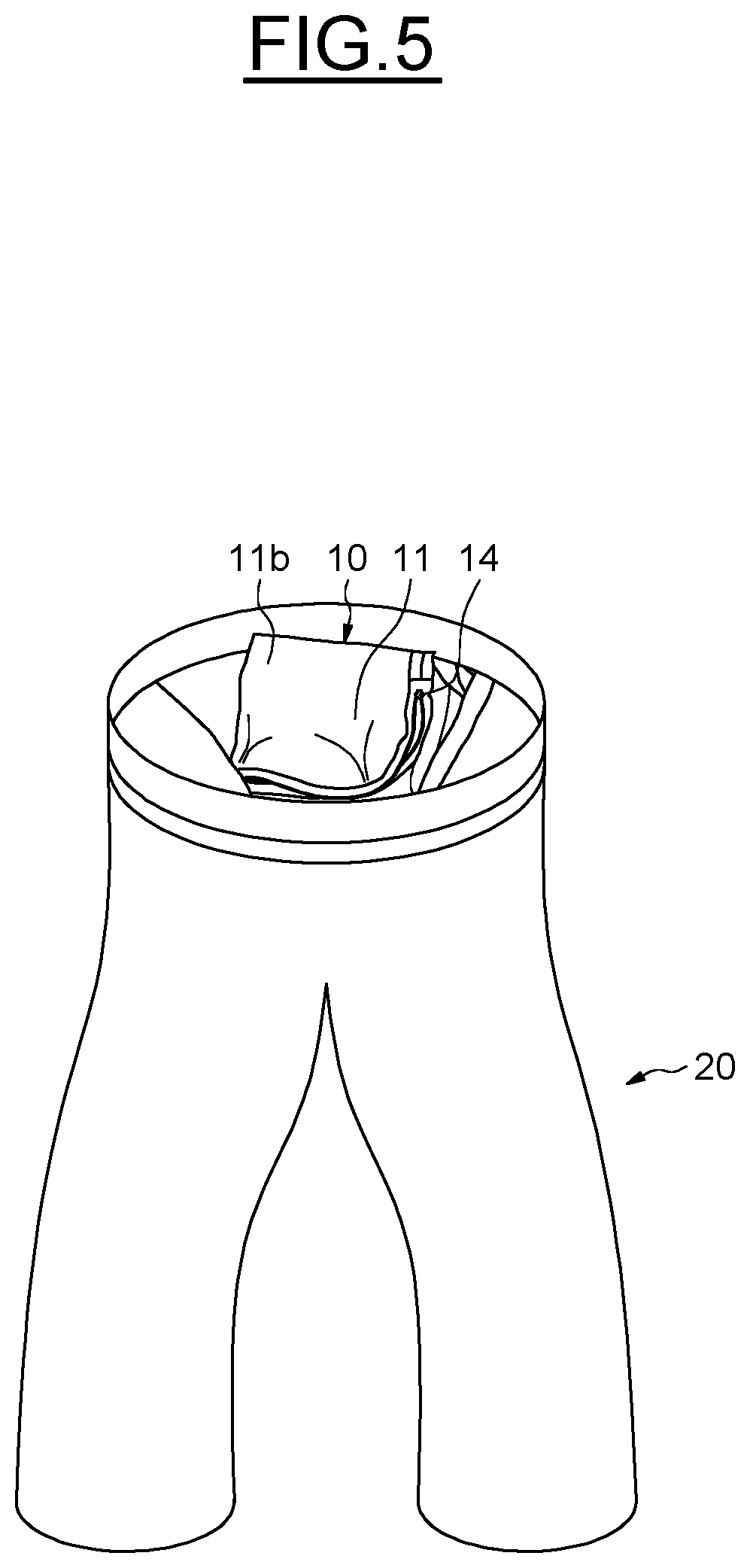 Patent US12588717 Figure 5 – Clothing for clean room having an integrated pouch, and associated packaging method