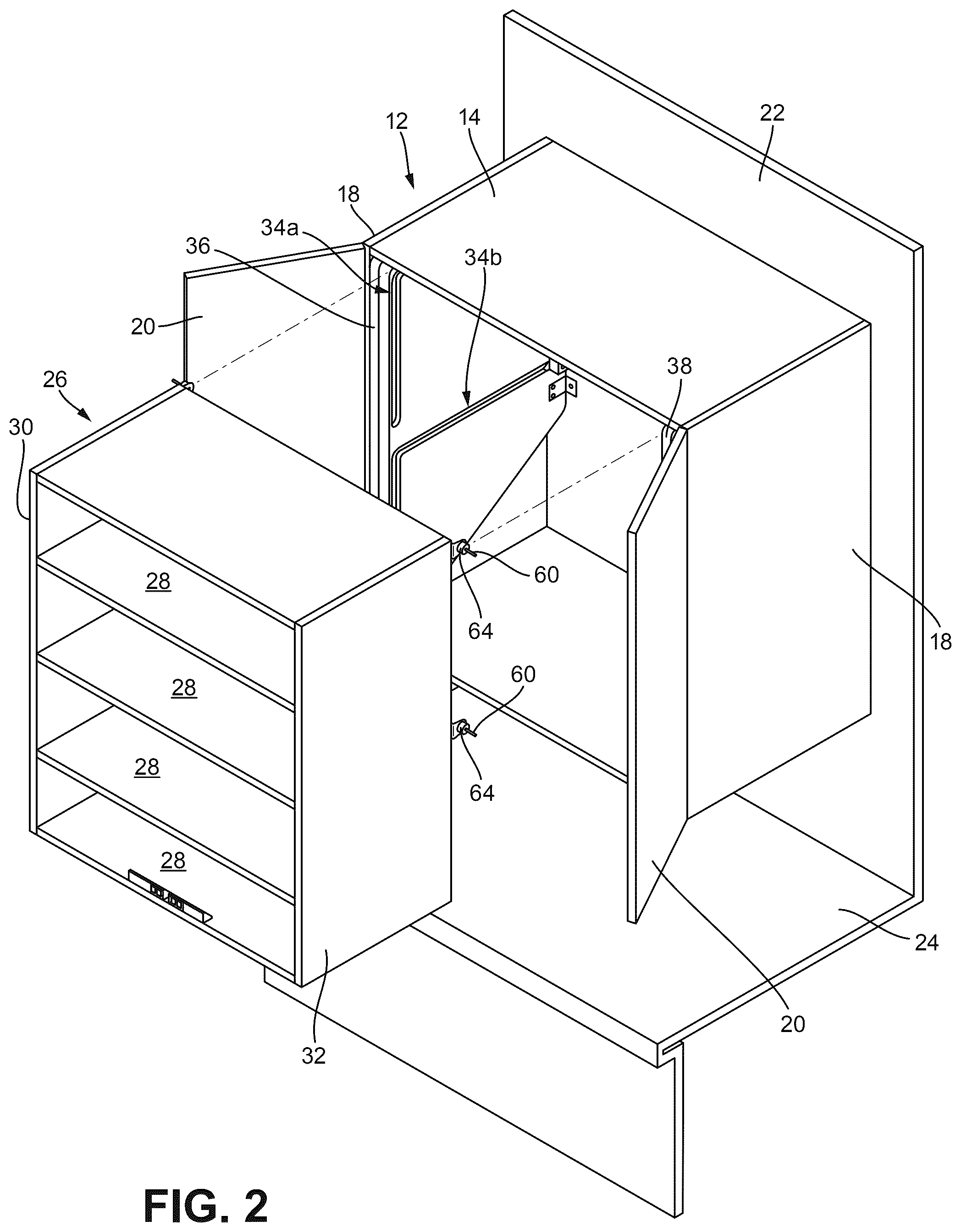 Patent US12588756 Figure 2 – Powered lift system for cabinet shelves