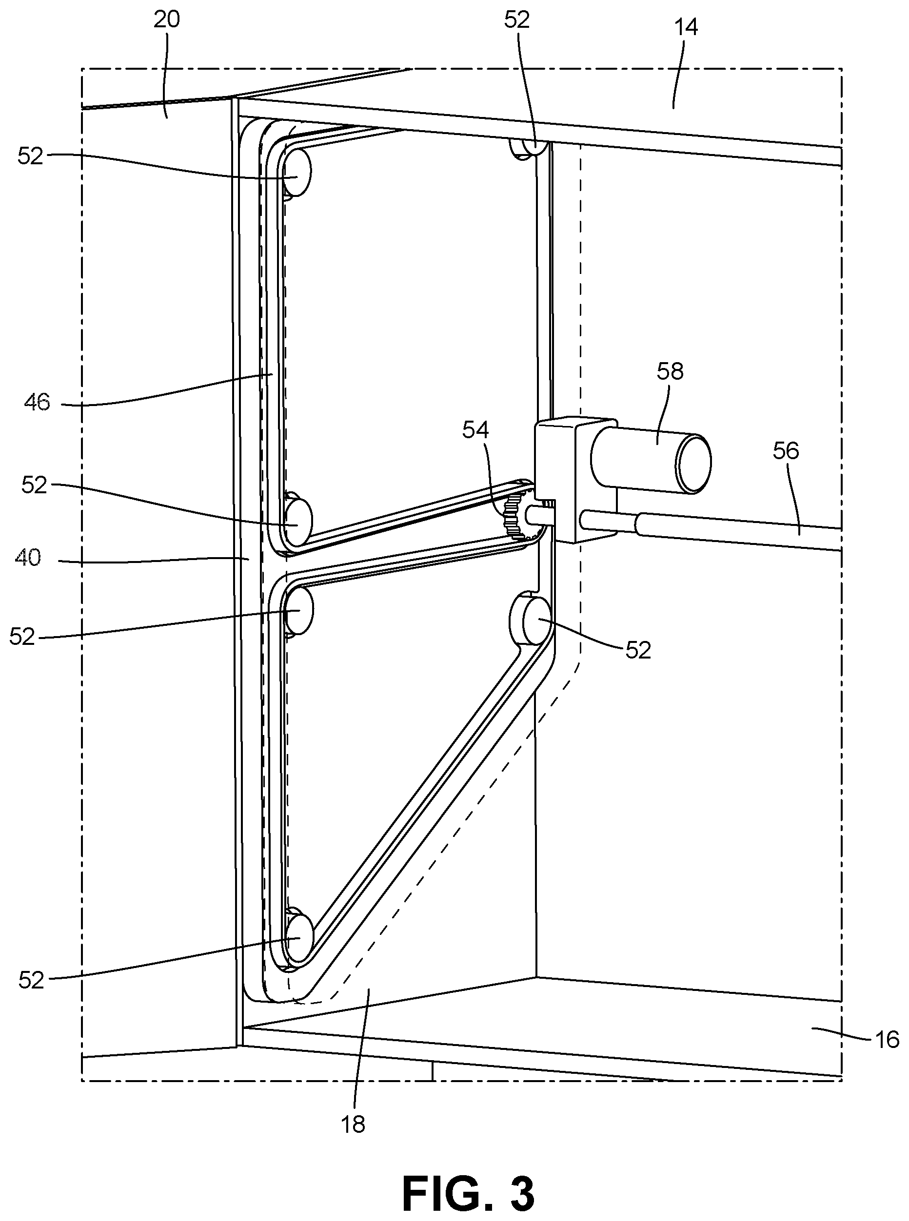 Patent US12588756 Figure 3 – Powered lift system for cabinet shelves