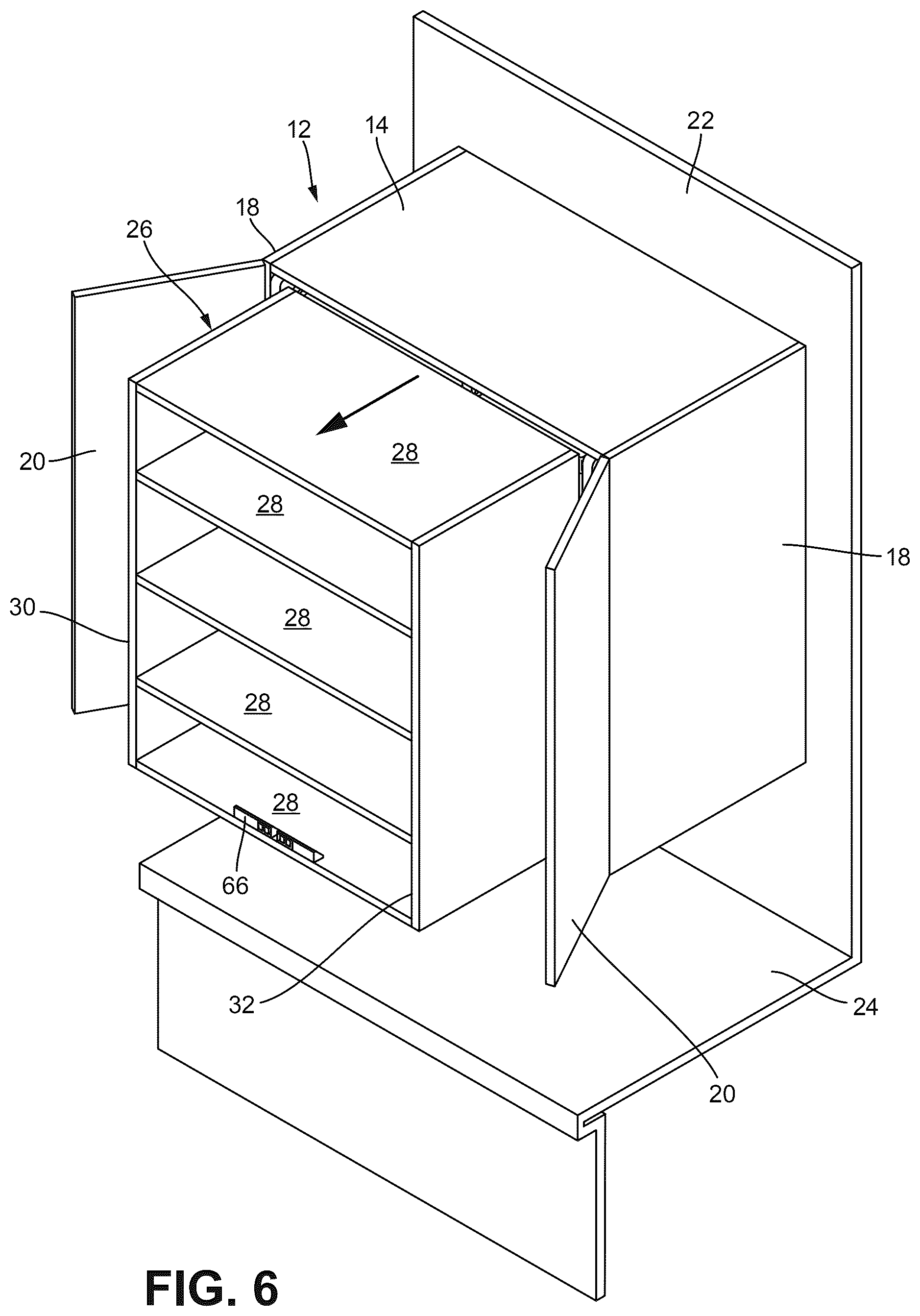 Patent US12588756 Figure 6 – Powered lift system for cabinet shelves