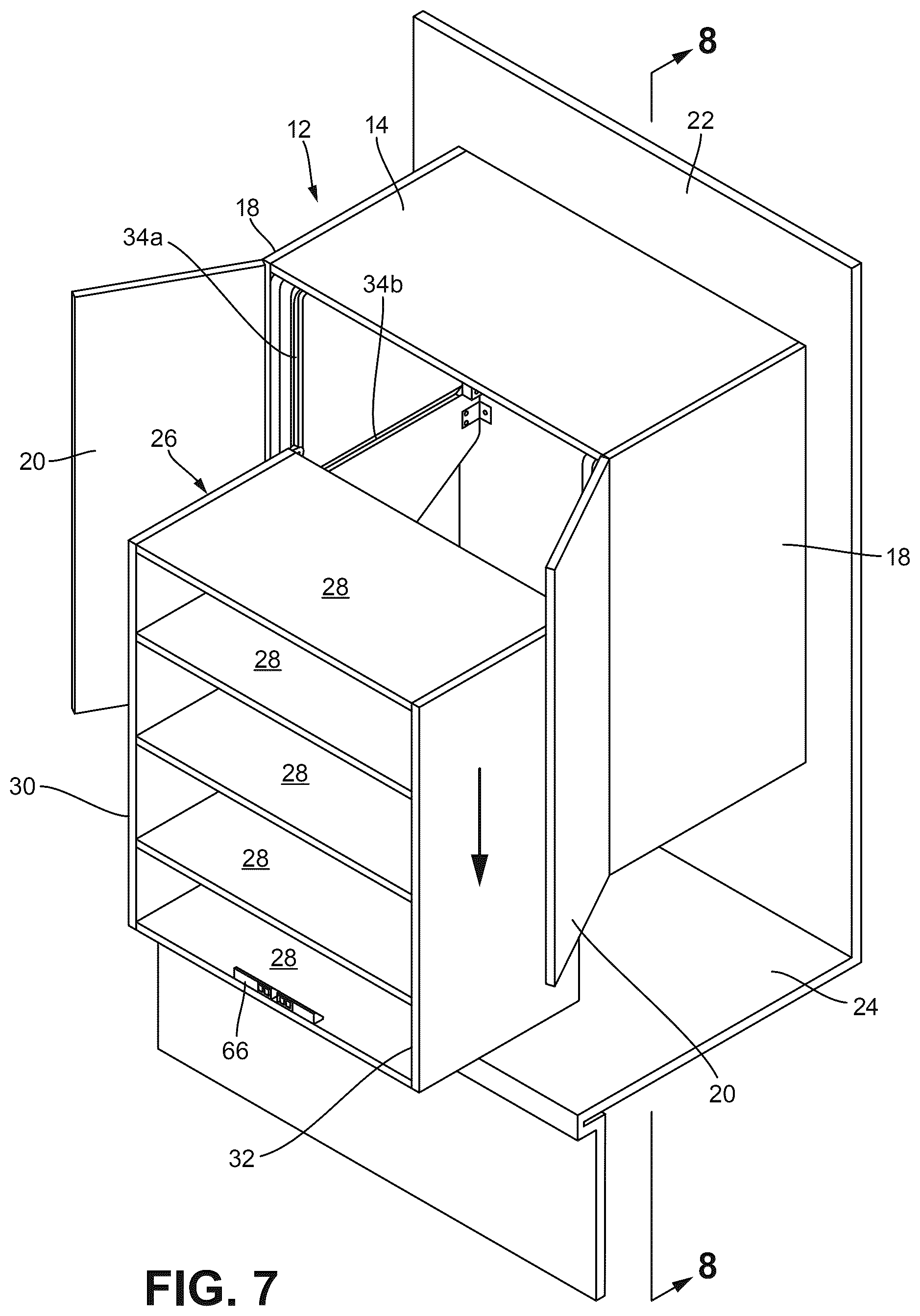 Patent US12588756 Figure 7 – Powered lift system for cabinet shelves