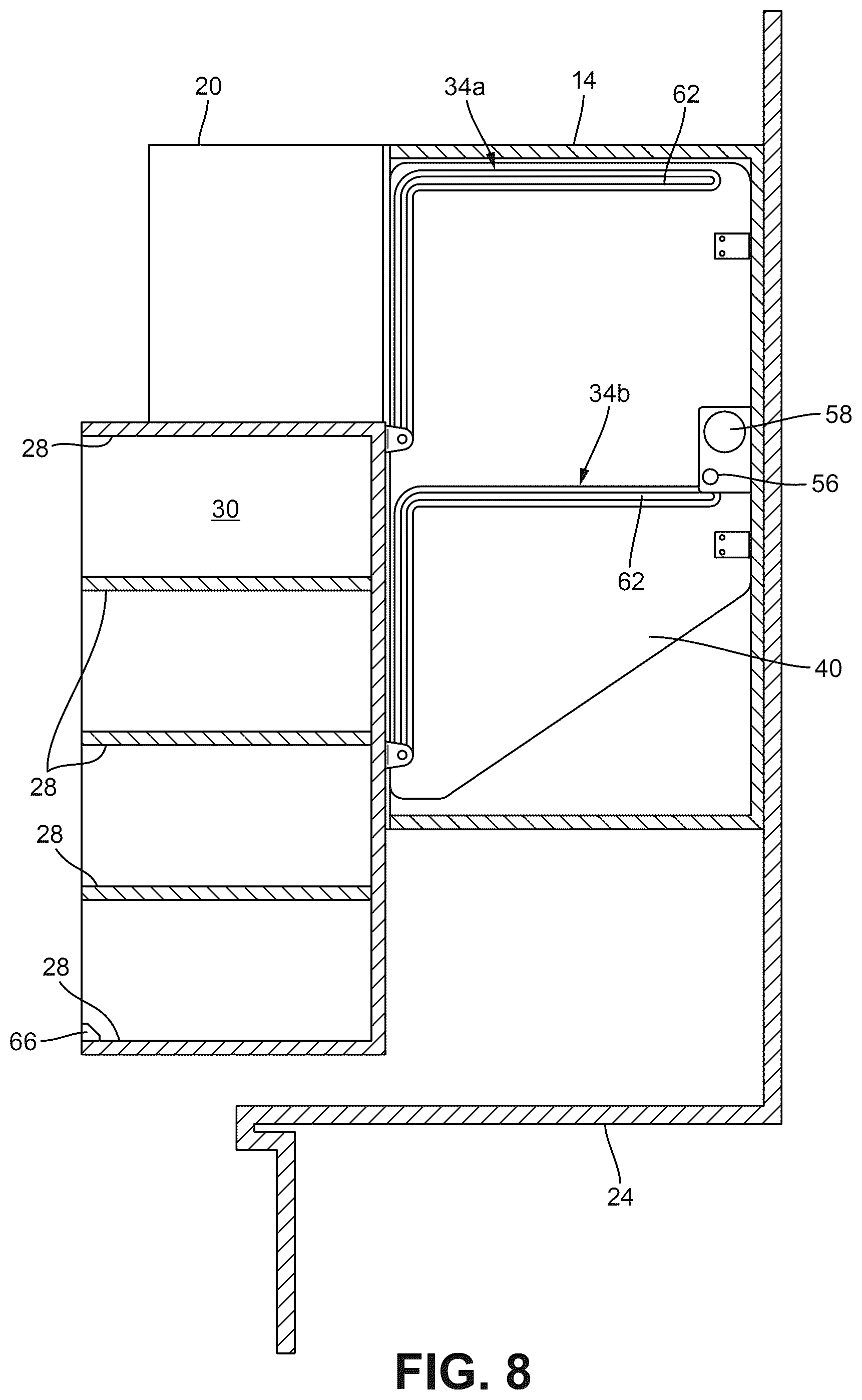 Patent US12588756 Figure 8 – Powered lift system for cabinet shelves