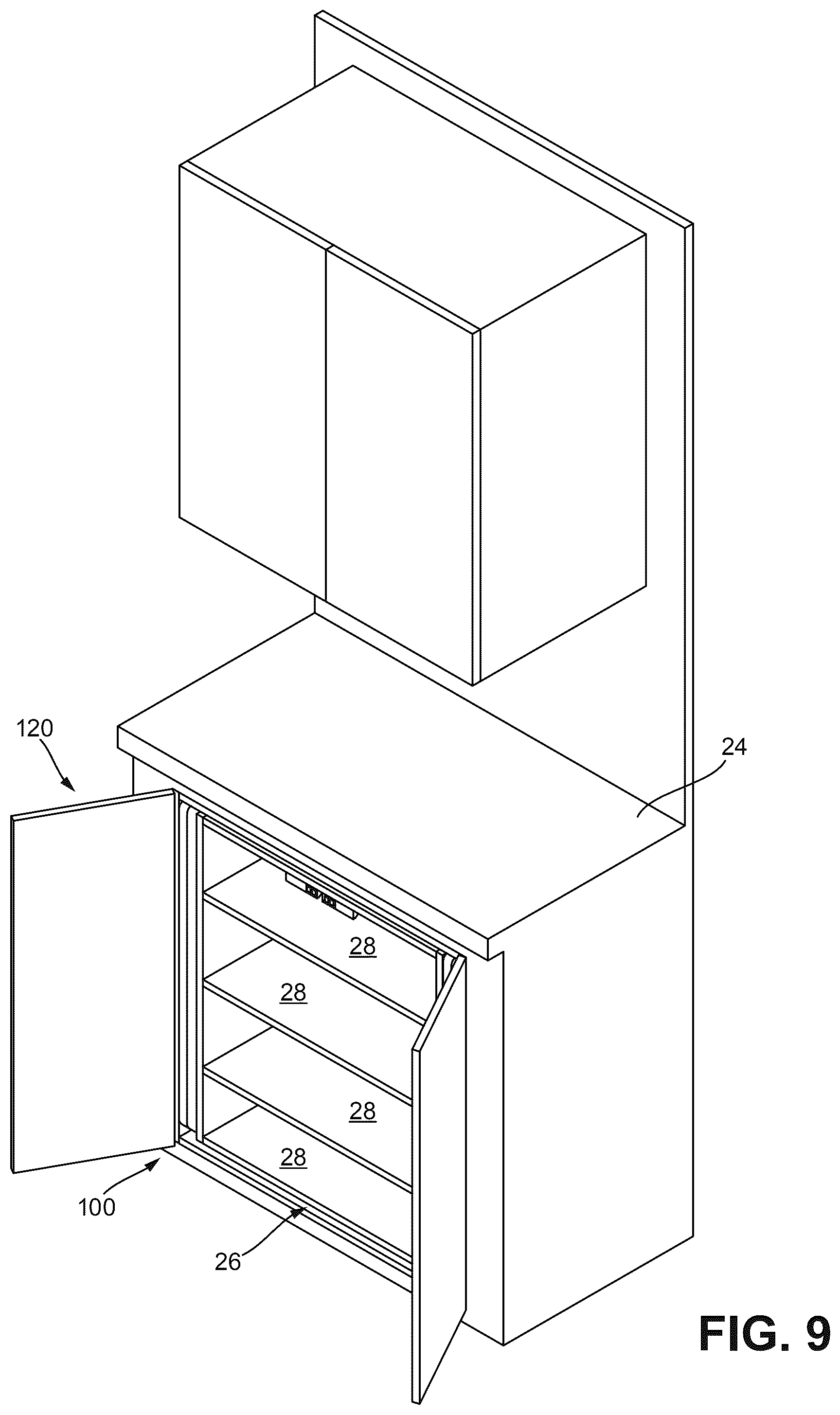 Patent US12588756 Figure 9 – Powered lift system for cabinet shelves