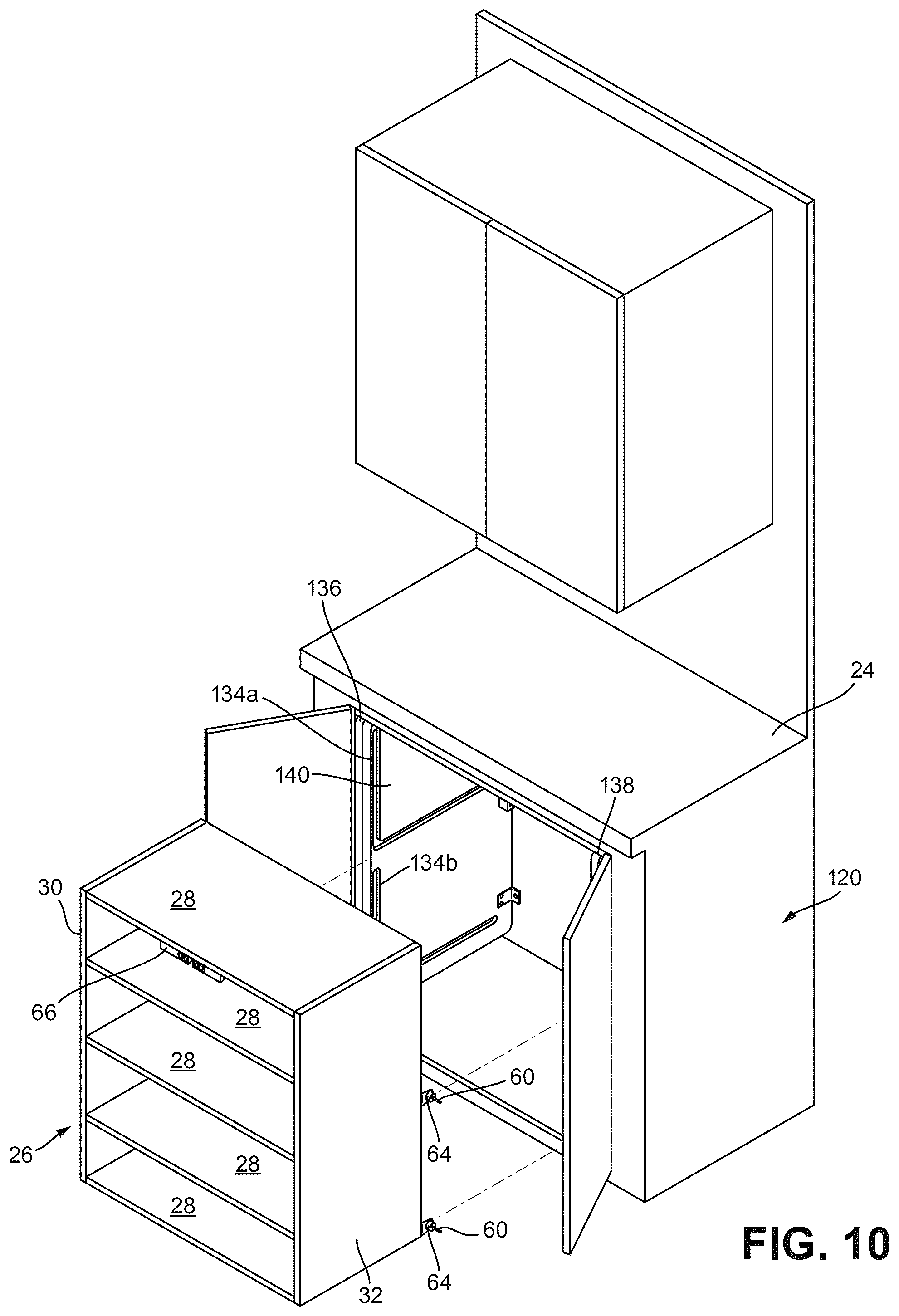 Patent US12588756 Figure 10 – Powered lift system for cabinet shelves