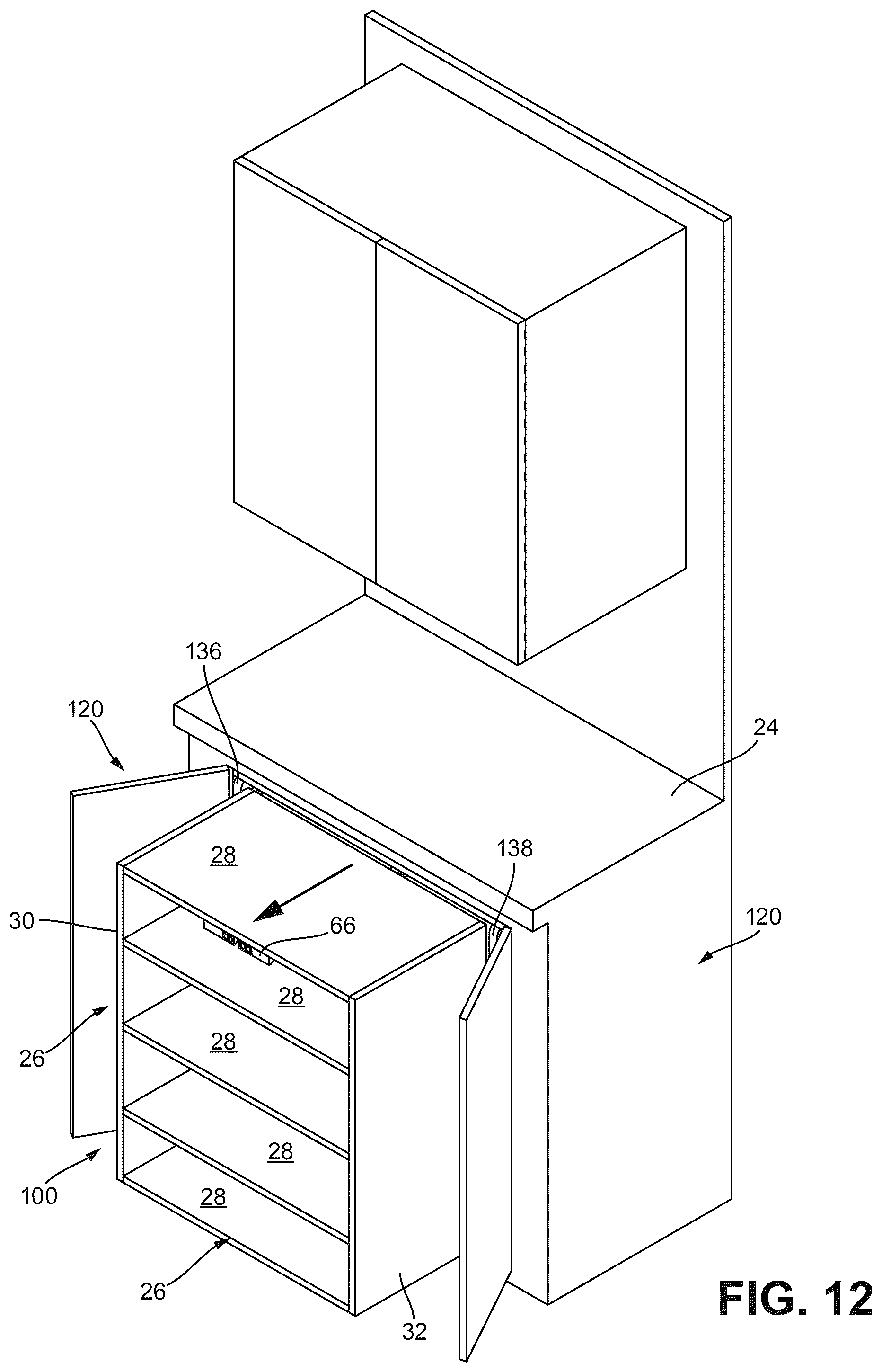 Patent US12588756 Figure 12 – Powered lift system for cabinet shelves
