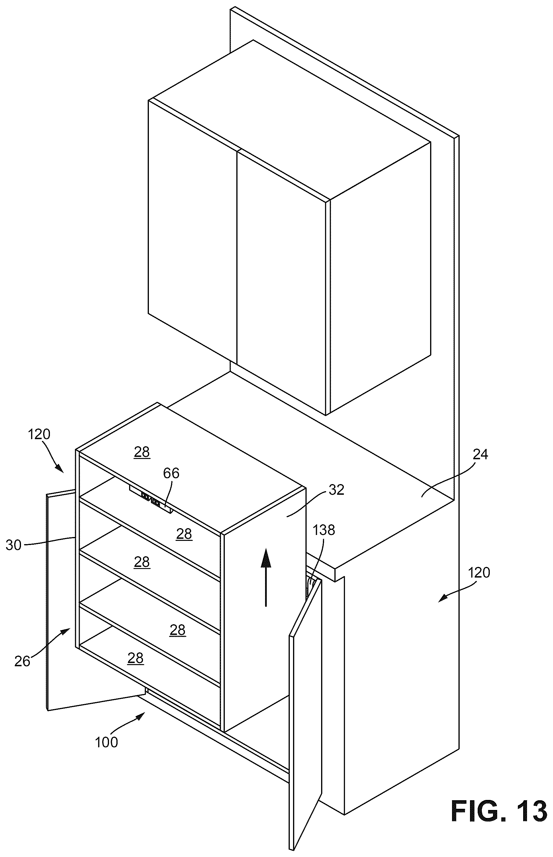Patent US12588756 Figure 13 – Powered lift system for cabinet shelves