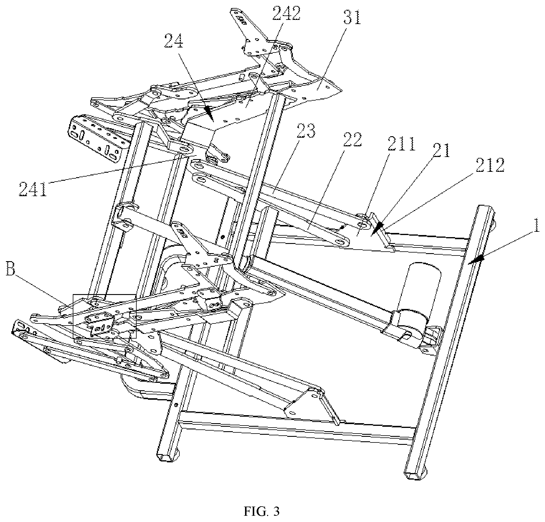 Patent US12588762 Figure 3 – Extension unit, adjustment structure, and seat frame