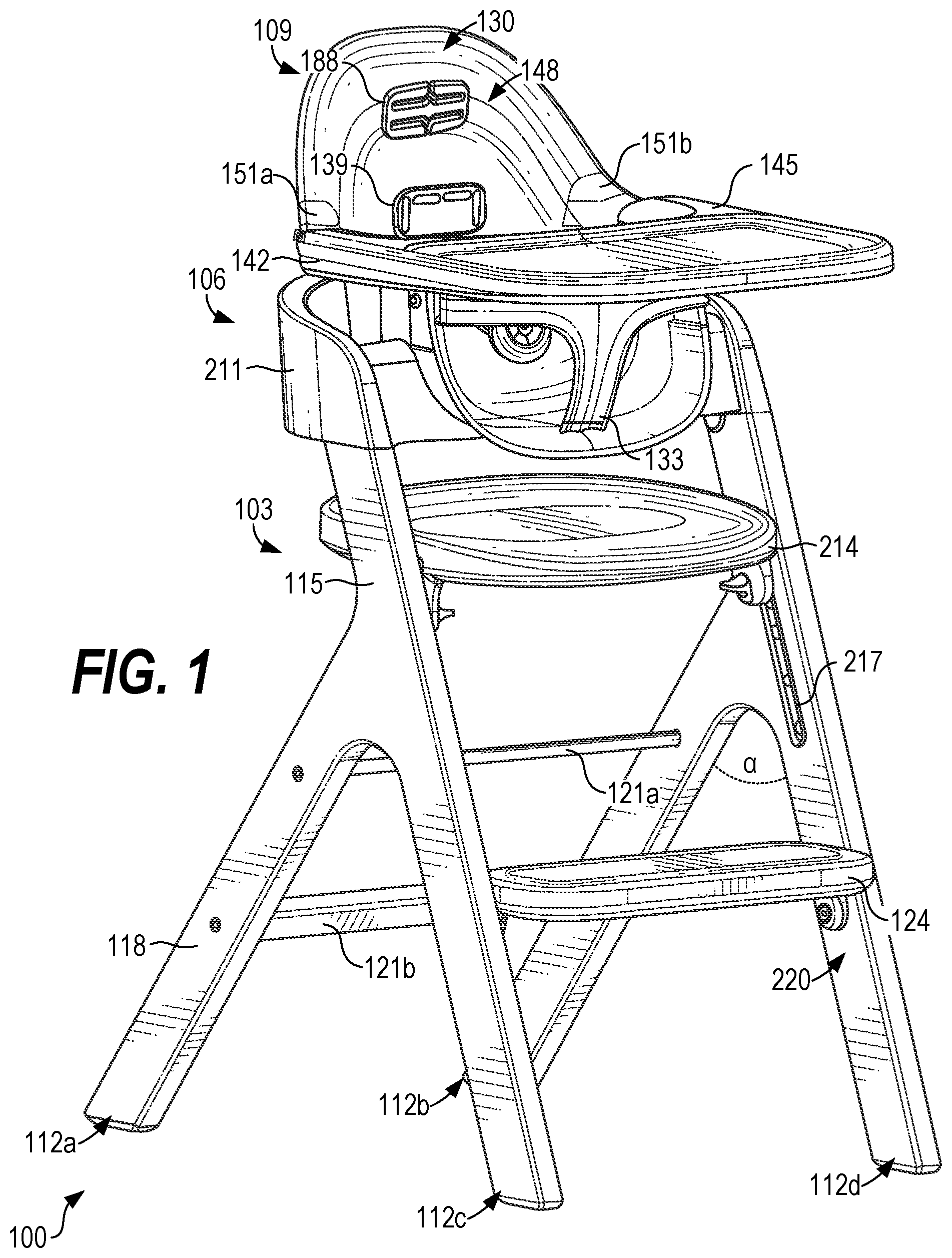 Patent US12588769 Figure 1 – Convertible infant chair assembly