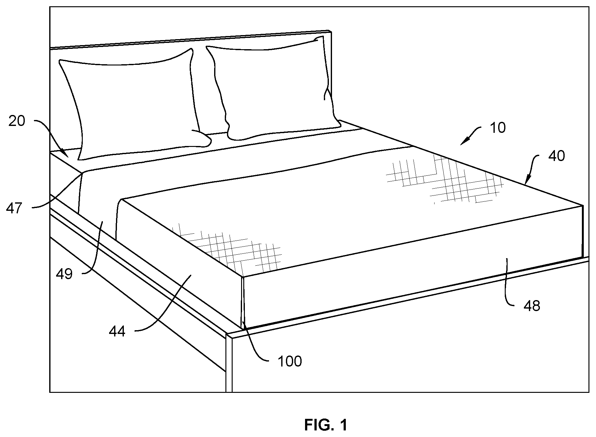 Patent US12588773 Figure 1 – Fitted bed cover with an integrated top sheet