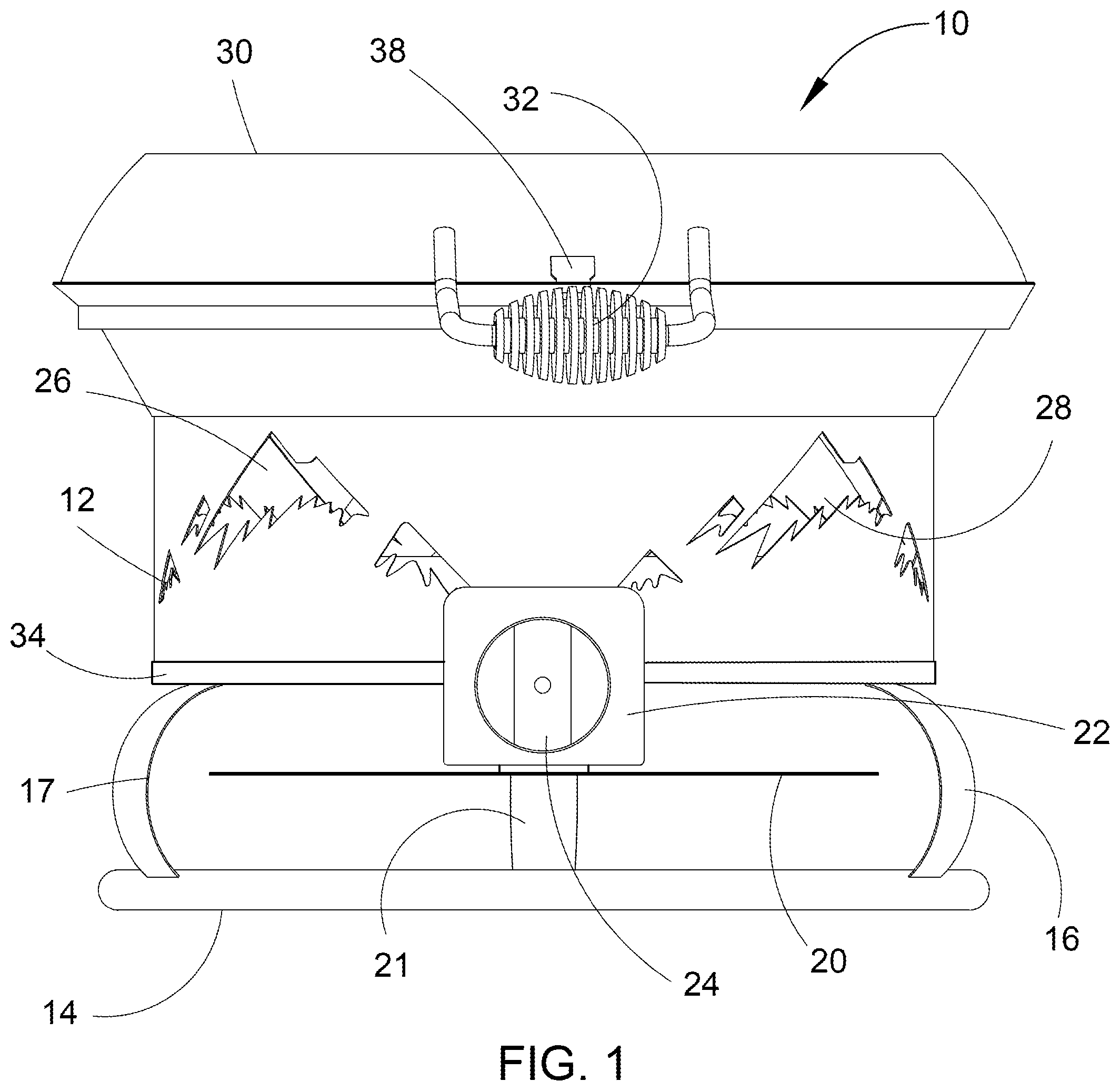 Patent US12588781 Figure 1 – Combination fire pit, grill, pizza oven and cooking wok
