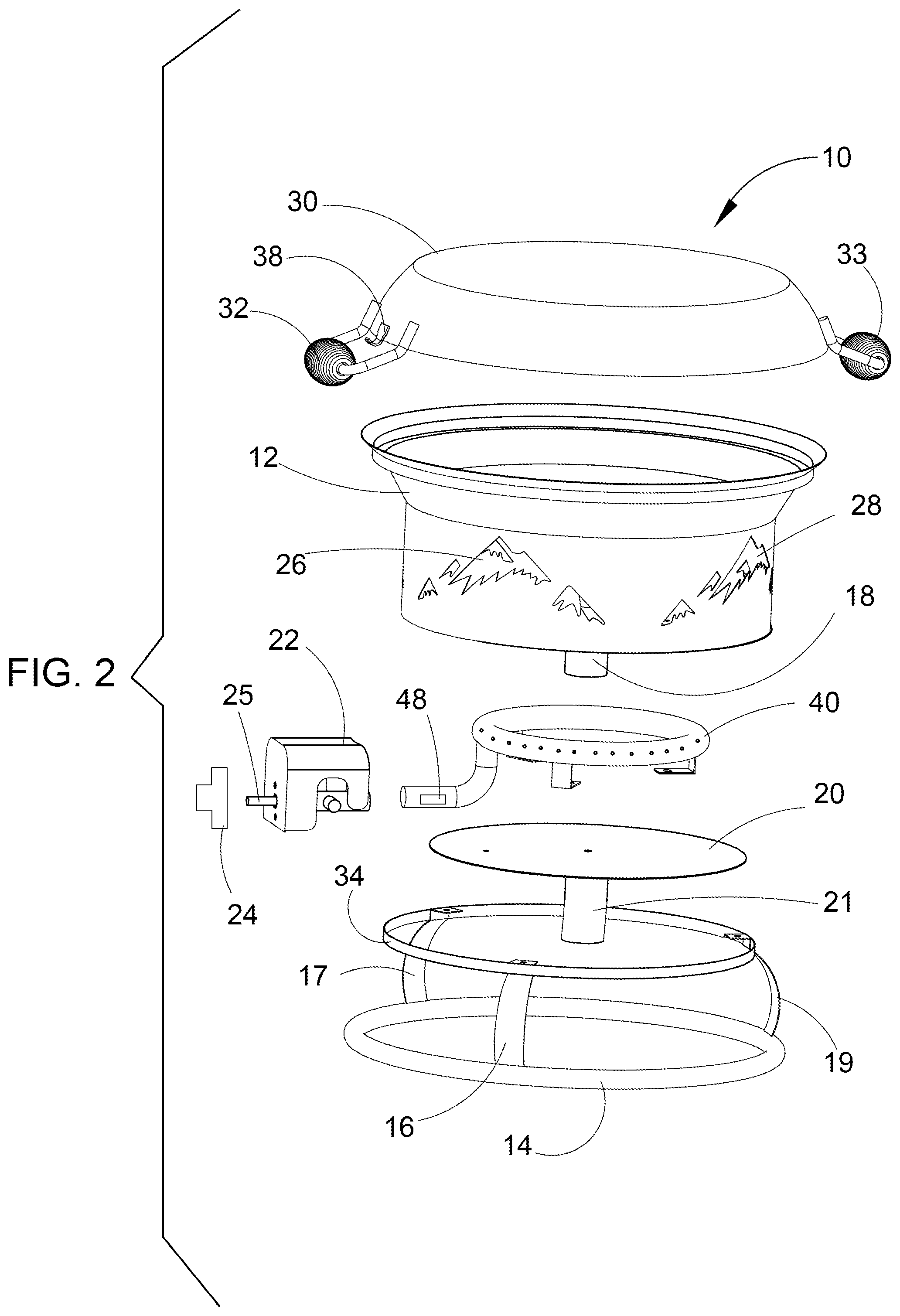Patent US12588781 Figure 2 – Combination fire pit, grill, pizza oven and cooking wok
