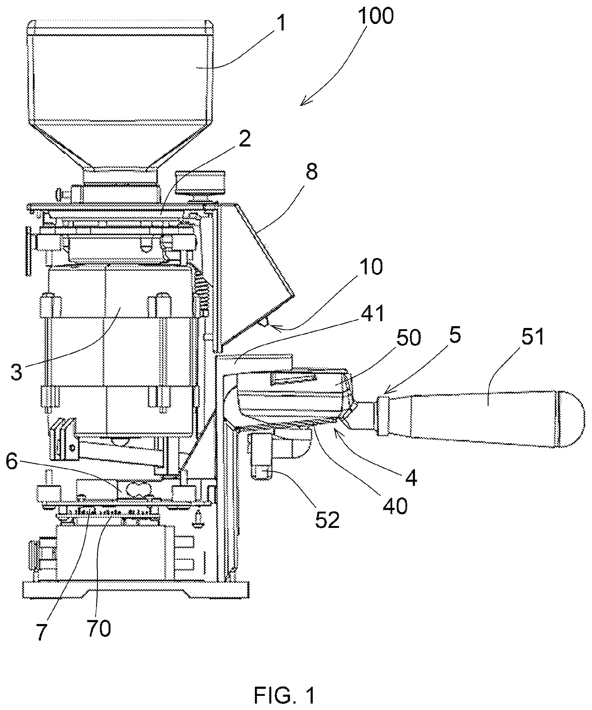 Patent US12588782 Figure 1 – Coffee grinder with automatic dose control system