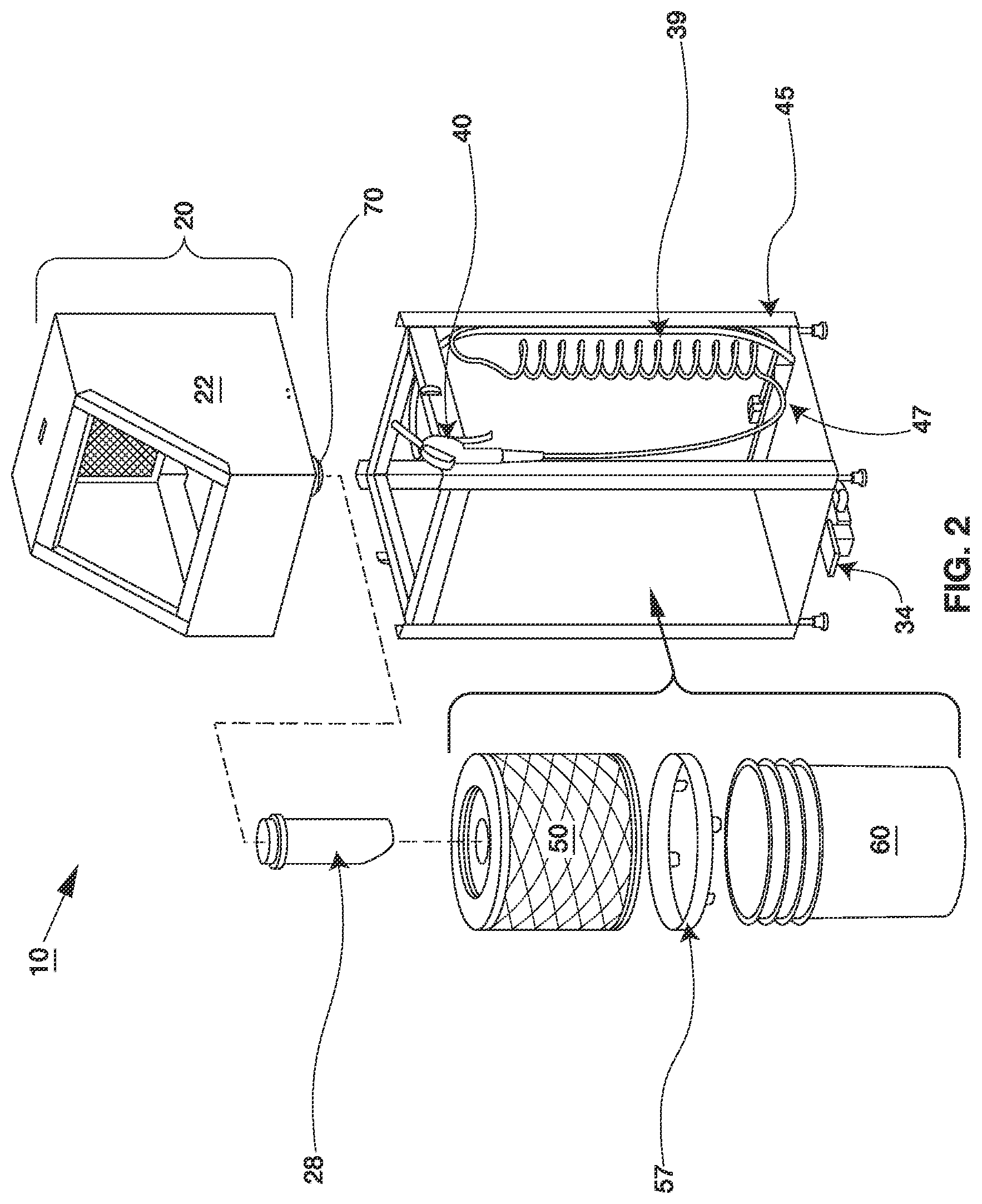 Patent US12588790 Figure 2 – System and method of loosening, removing and collecting debris from newly machined articles using compressed air