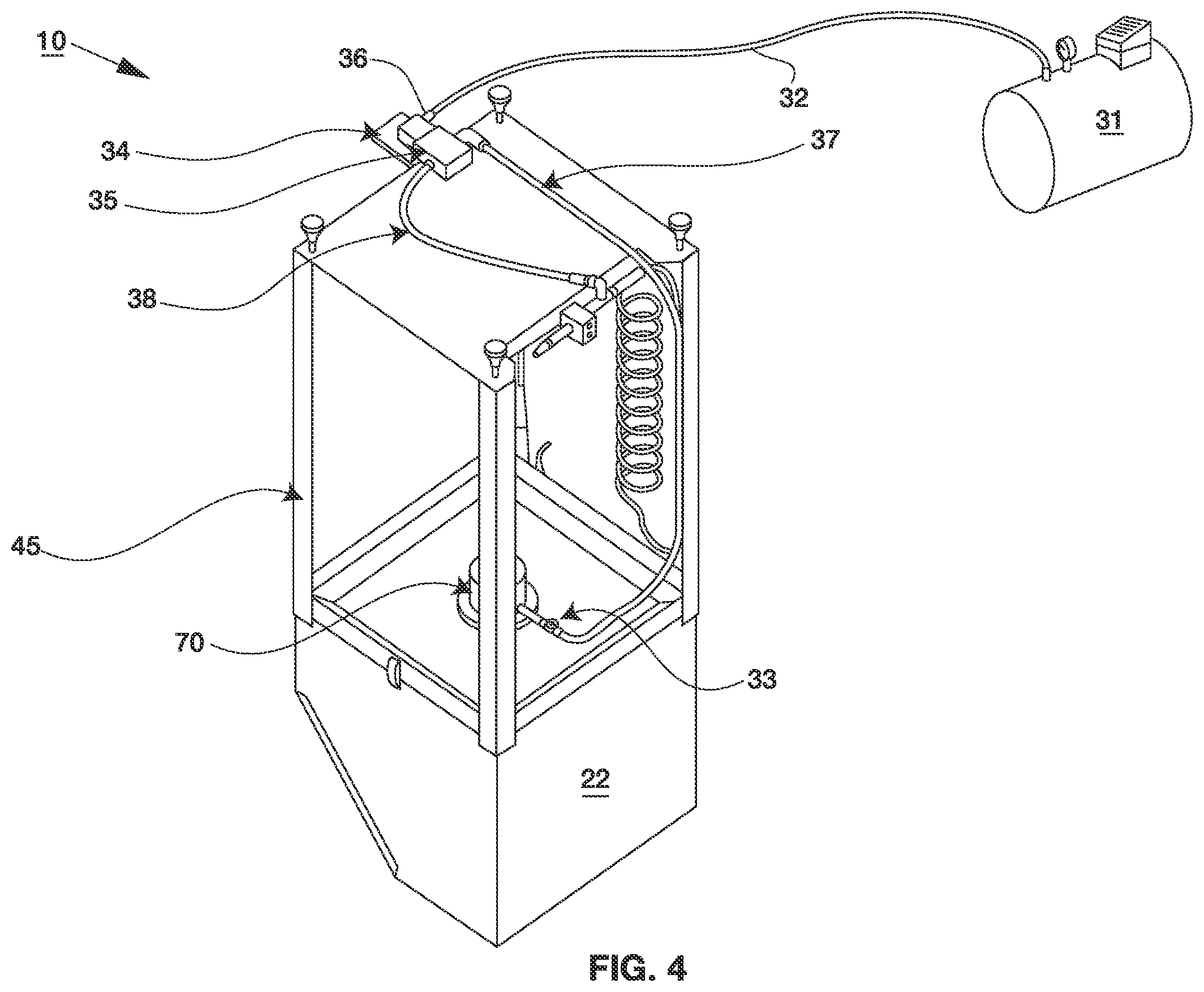 Patent US12588790 Figure 4 – System and method of loosening, removing and collecting debris from newly machined articles using compressed air
