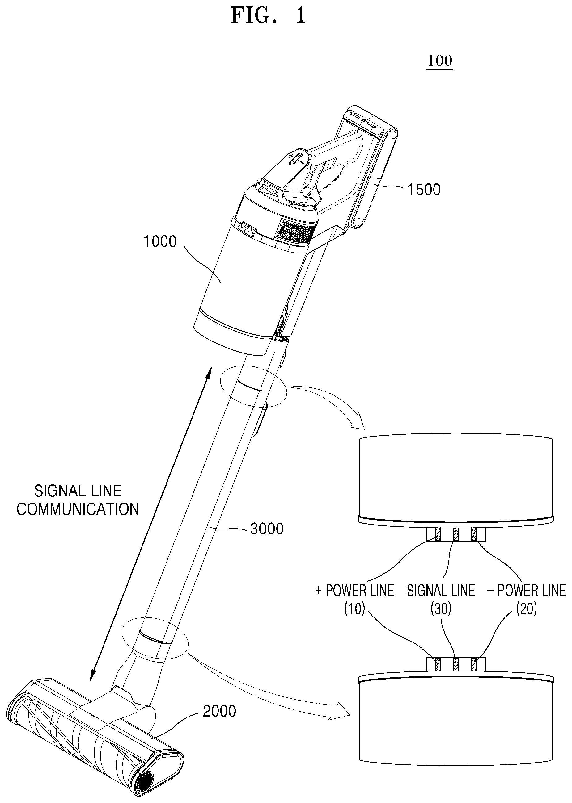 Patent US12588792 Figure 1 – Cordless vacuum cleaner in which cleaner body and brush device are able to communicate