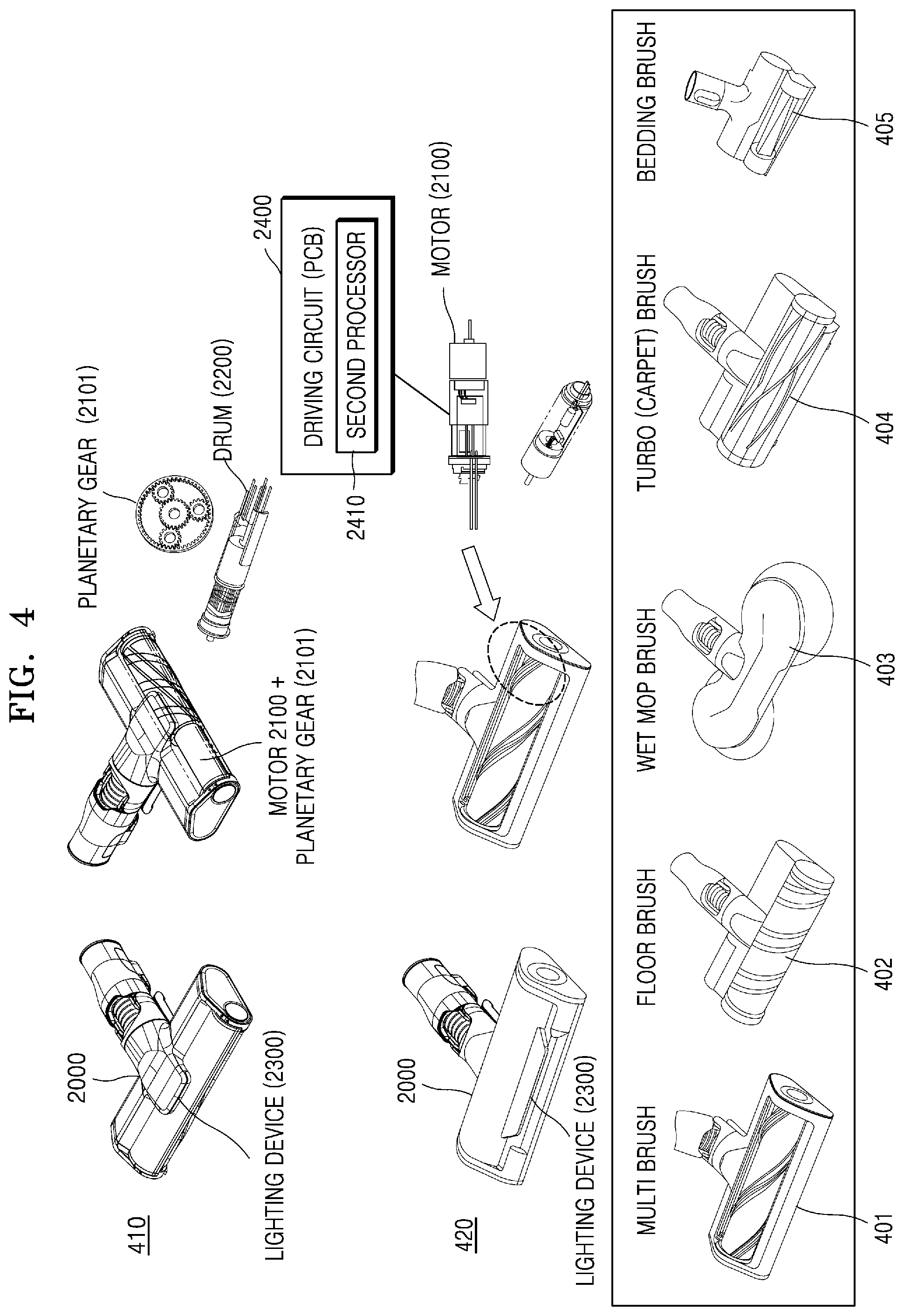 Patent US12588792 Figure 4 – Cordless vacuum cleaner in which cleaner body and brush device are able to communicate